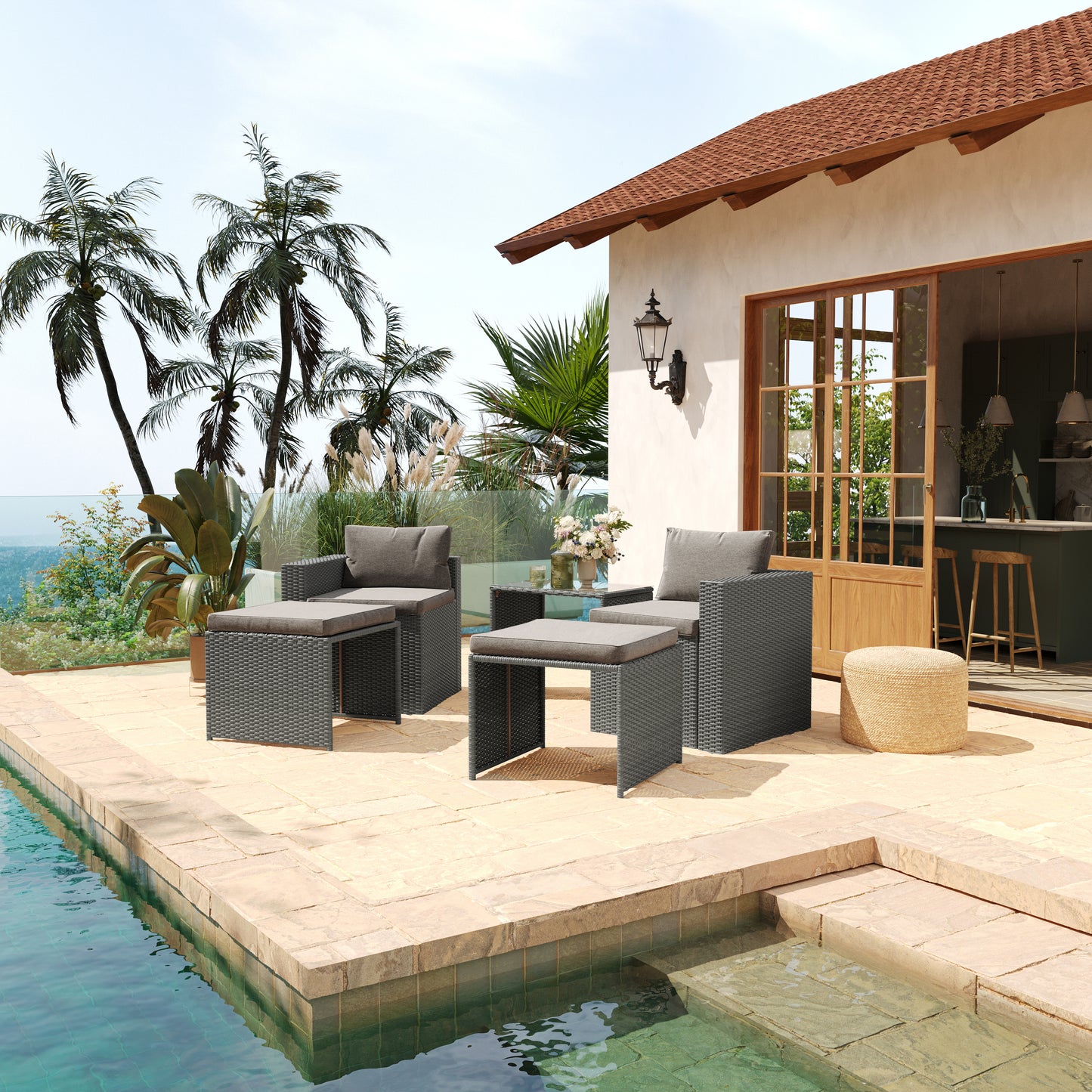 Nico Indoor/Outdoor Modular Loveseat Sofa Set with Table and Ottomans, Gray Cushions and Gray Rattan Beige Fabric/Gray Frame