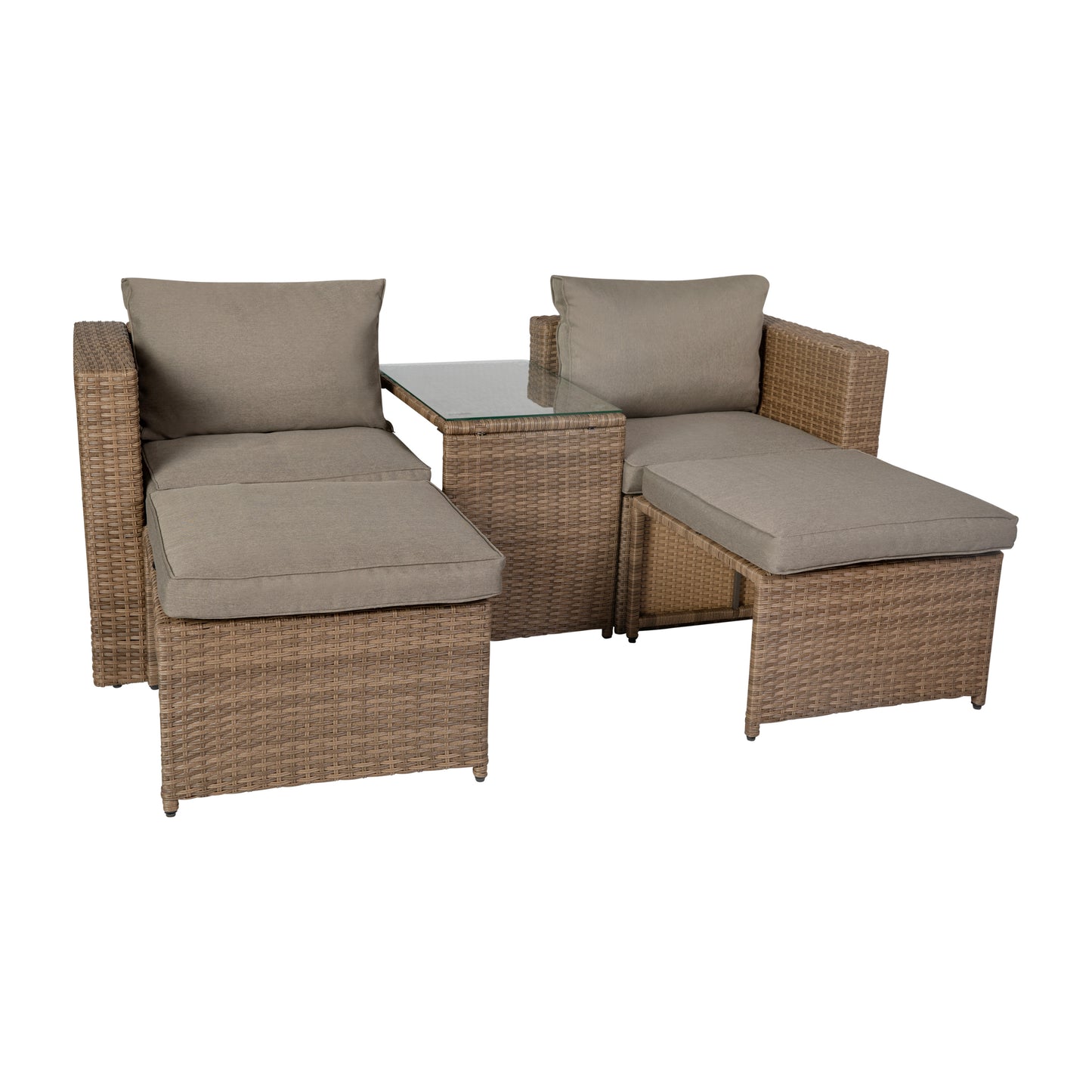 Nico Indoor/Outdoor Modular Loveseat Sofa Set with Table and Ottomans, Gray Cushions and Natural Rattan Gray Fabric/Natural Frame