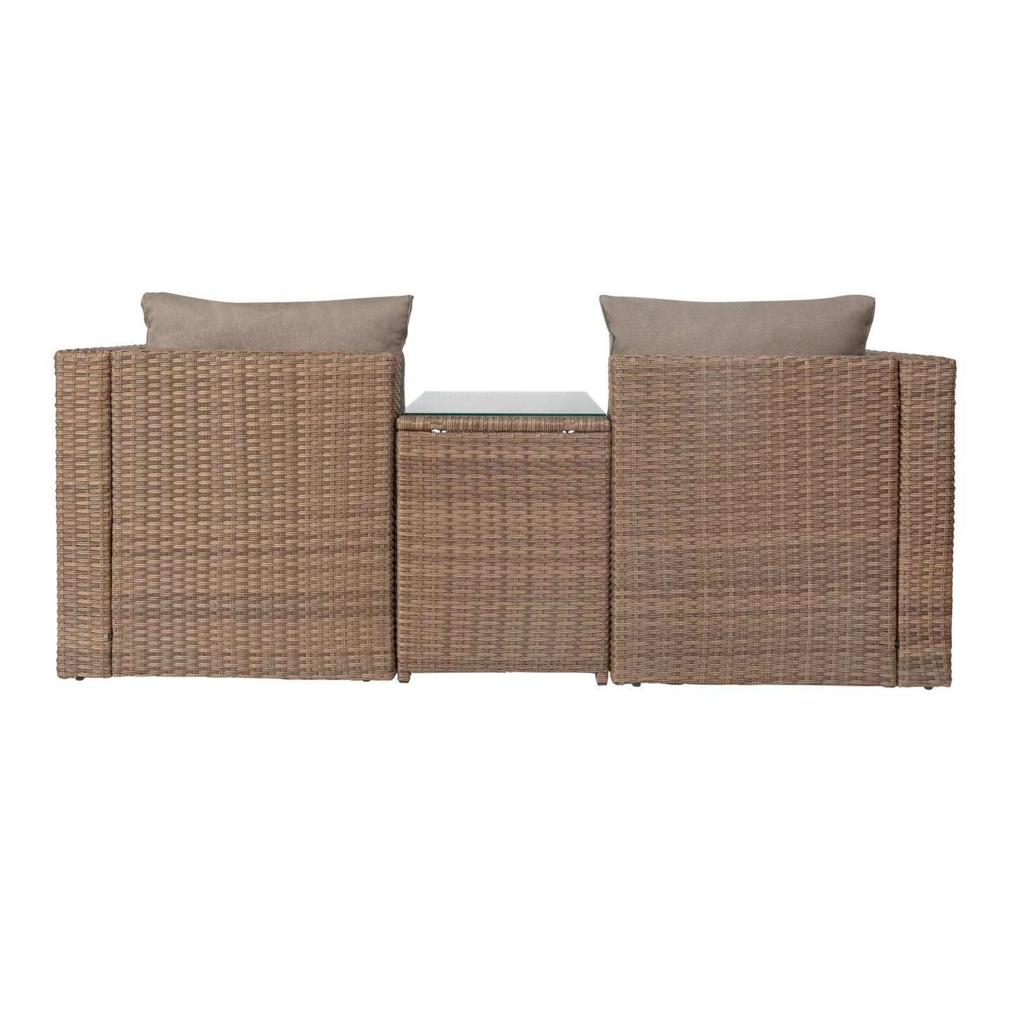 Nico Indoor/Outdoor Modular Loveseat Sofa Set with Table and Ottomans, Gray Cushions and Natural Rattan Gray Fabric/Natural Frame