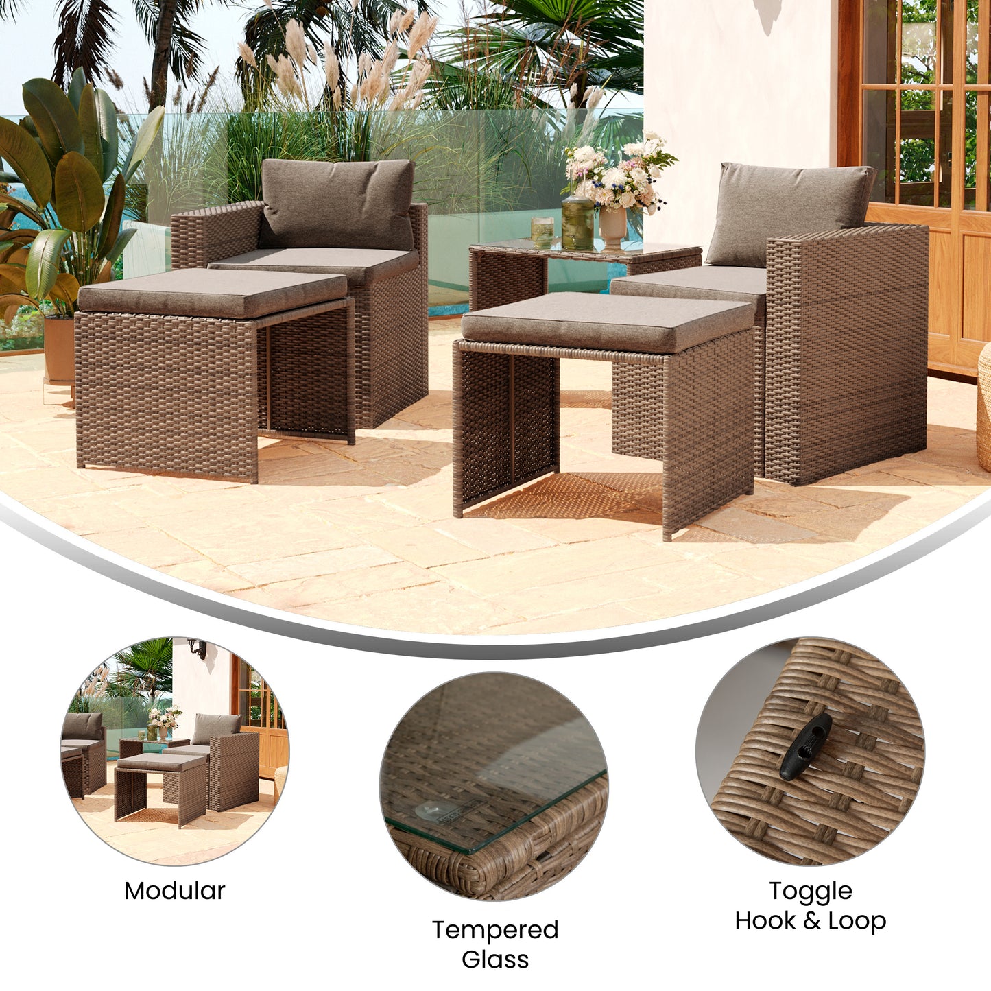 Nico Indoor/Outdoor Modular Loveseat Sofa Set with Table and Ottomans, Gray Cushions and Natural Rattan Gray Fabric/Natural Frame