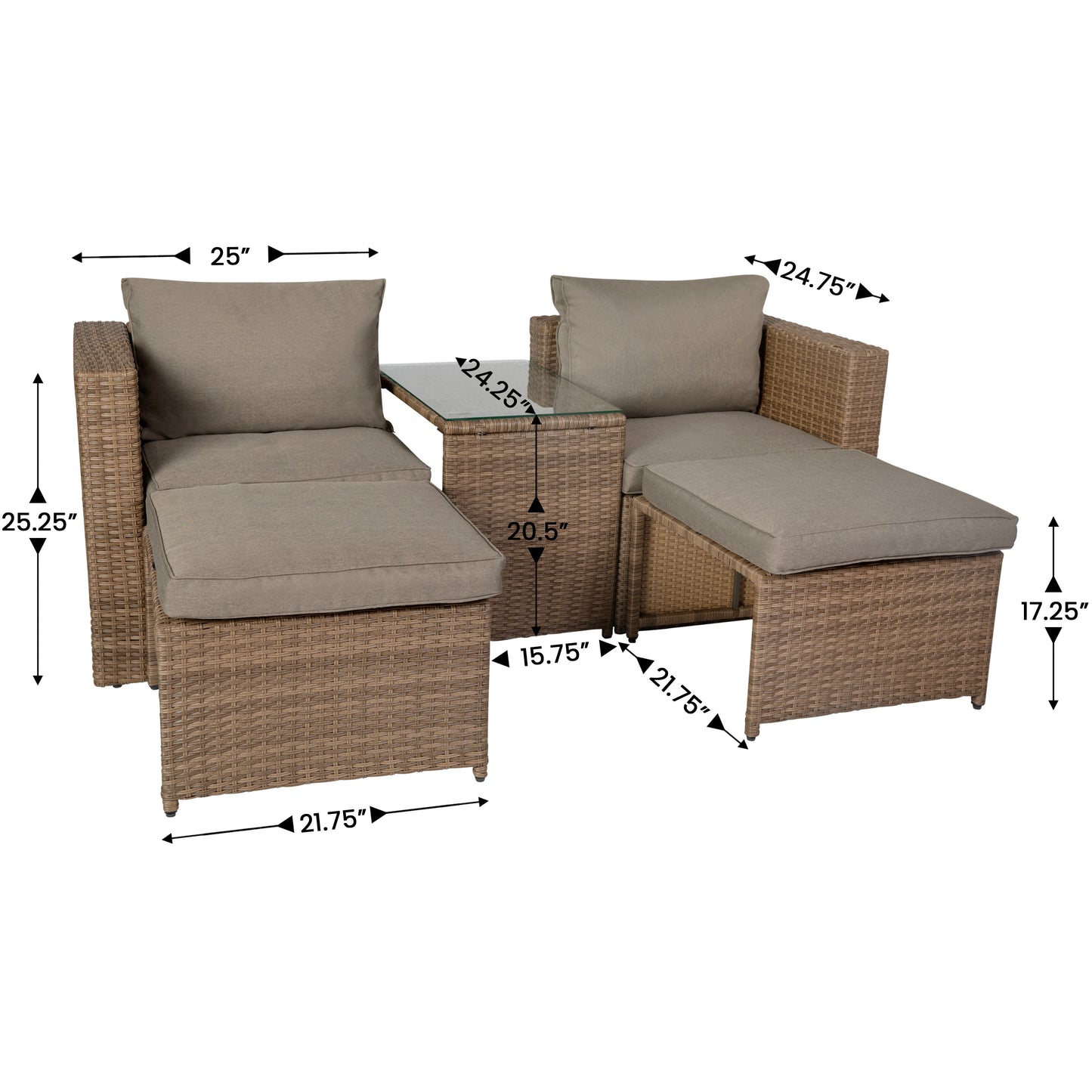 Nico Indoor/Outdoor Modular Loveseat Sofa Set with Table and Ottomans, Gray Cushions and Natural Rattan Gray Fabric/Natural Frame