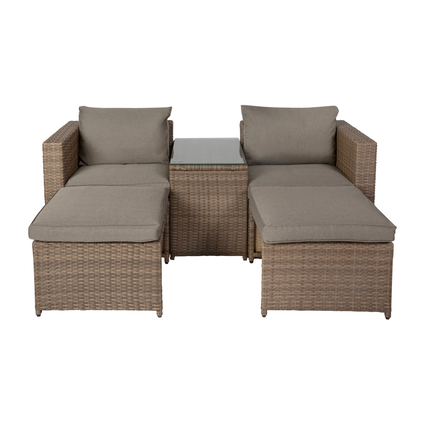 Nico Indoor/Outdoor Modular Loveseat Sofa Set with Table and Ottomans, Gray Cushions and Natural Rattan Gray Fabric/Natural Frame