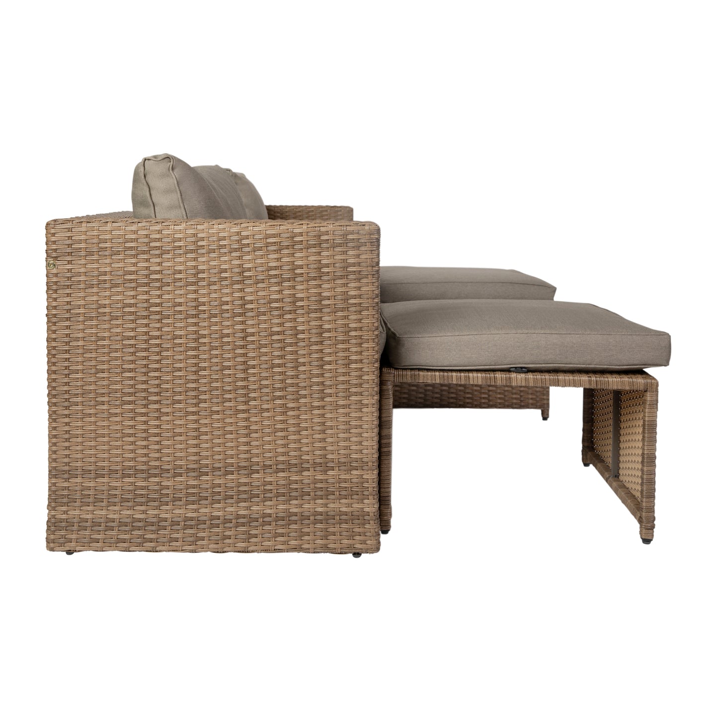 Nico Indoor/Outdoor Modular Loveseat Sofa Set with Table and Ottomans, Gray Cushions and Natural Rattan Gray Fabric/Natural Frame