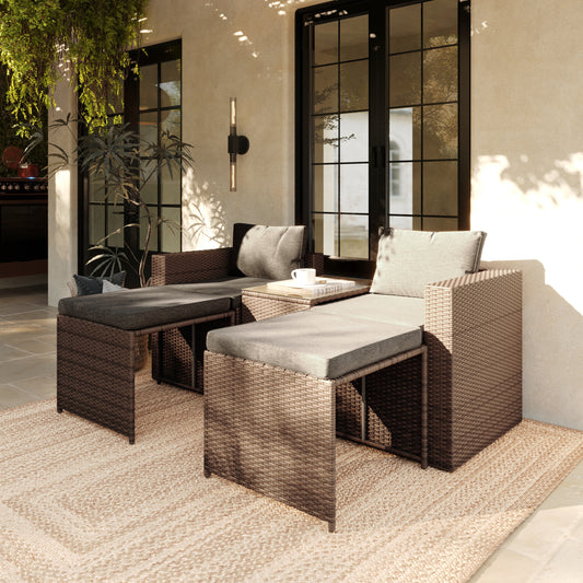 Nico Indoor/Outdoor Modular Loveseat Sofa Set with Table and Ottomans, Gray Cushions and Natural Rattan Gray Fabric/Natural Frame TW-3W15057-58-59-BGNAT-GG