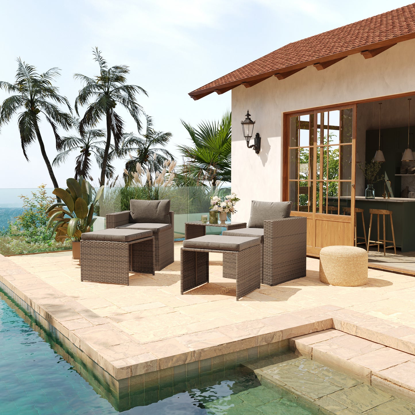 Nico Indoor/Outdoor Modular Loveseat Sofa Set with Table and Ottomans, Gray Cushions and Natural Rattan Gray Fabric/Natural Frame