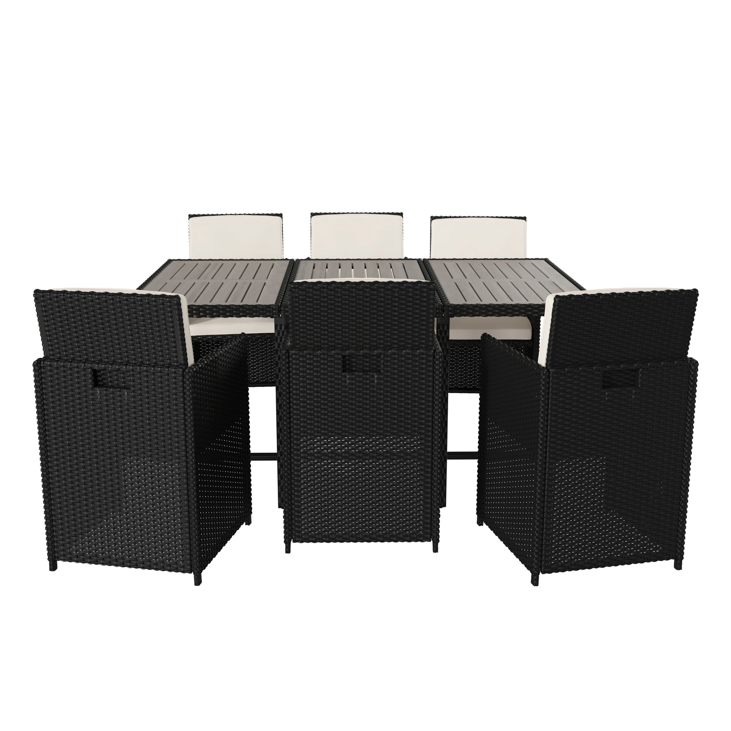 Peregrine 7 Piece Outdoor Patio Dining Set, Space Saving Black Wicker Modular Chairs-Cream Cushions & Gray Acacia Wood Table Top Gray Top/Black Frame