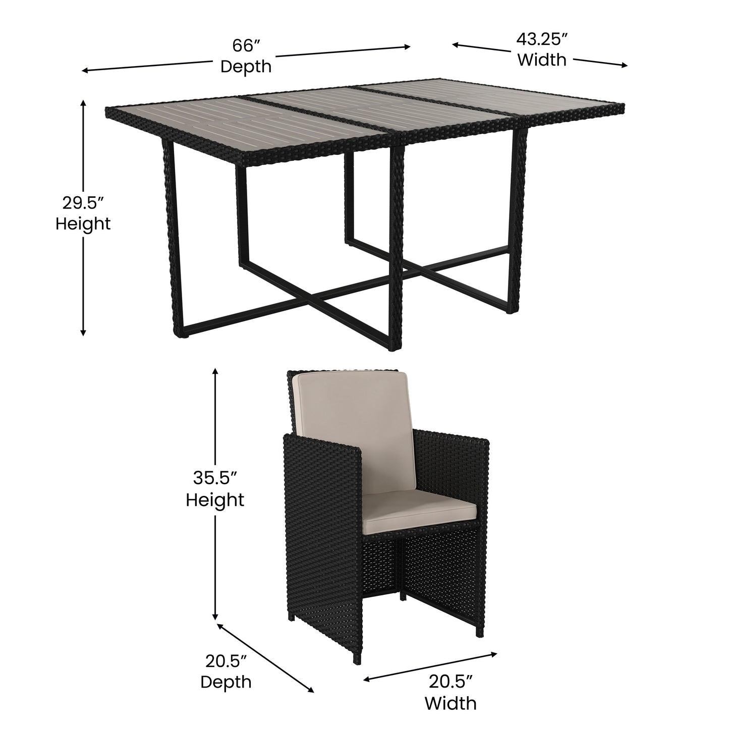 Peregrine 7 Piece Outdoor Patio Dining Set, Space Saving Black Wicker Modular Chairs-Cream Cushions & Gray Acacia Wood Table Top Gray Top/Black Frame
