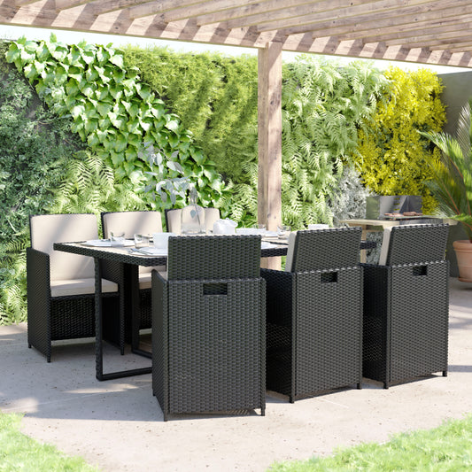 Peregrine 7 Piece Outdoor Patio Dining Set, Space Saving Black Wicker Modular Chairs-Cream Cushions & Gray Acacia Wood Table Top Gray Top/Black Frame TW-3WBE00-GY-GG