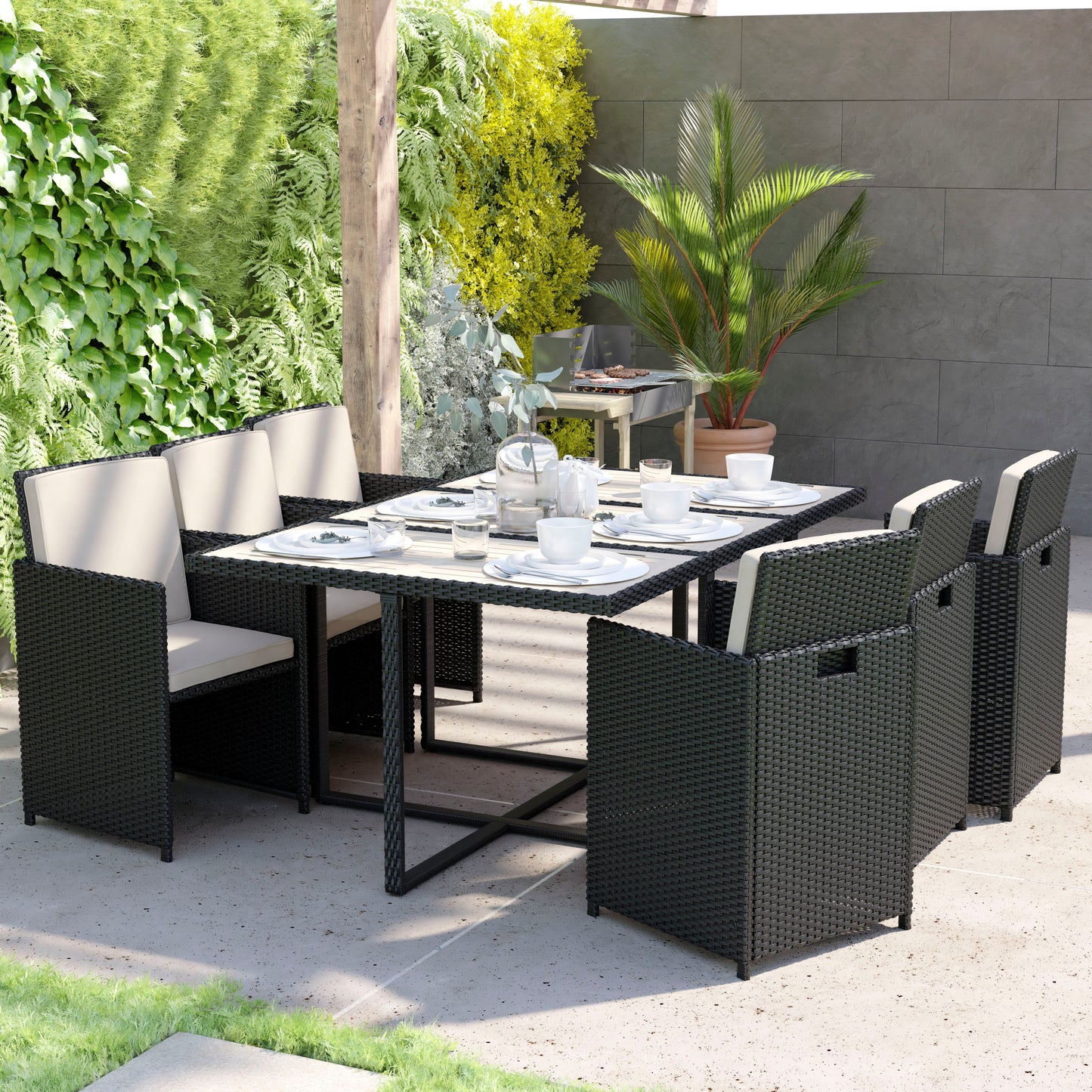Peregrine 7 Piece Outdoor Patio Dining Set, Space Saving Black Wicker Modular Chairs-Cream Cushions & Gray Acacia Wood Table Top Gray Top/Black Frame