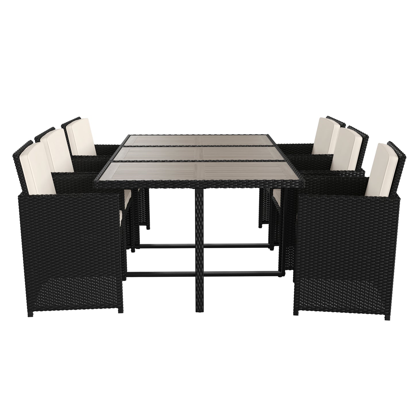 Peregrine 7 Piece Outdoor Patio Dining Set, Space Saving Black Wicker Modular Chairs-Cream Cushions & Gray Acacia Wood Table Top Gray Top/Black Frame