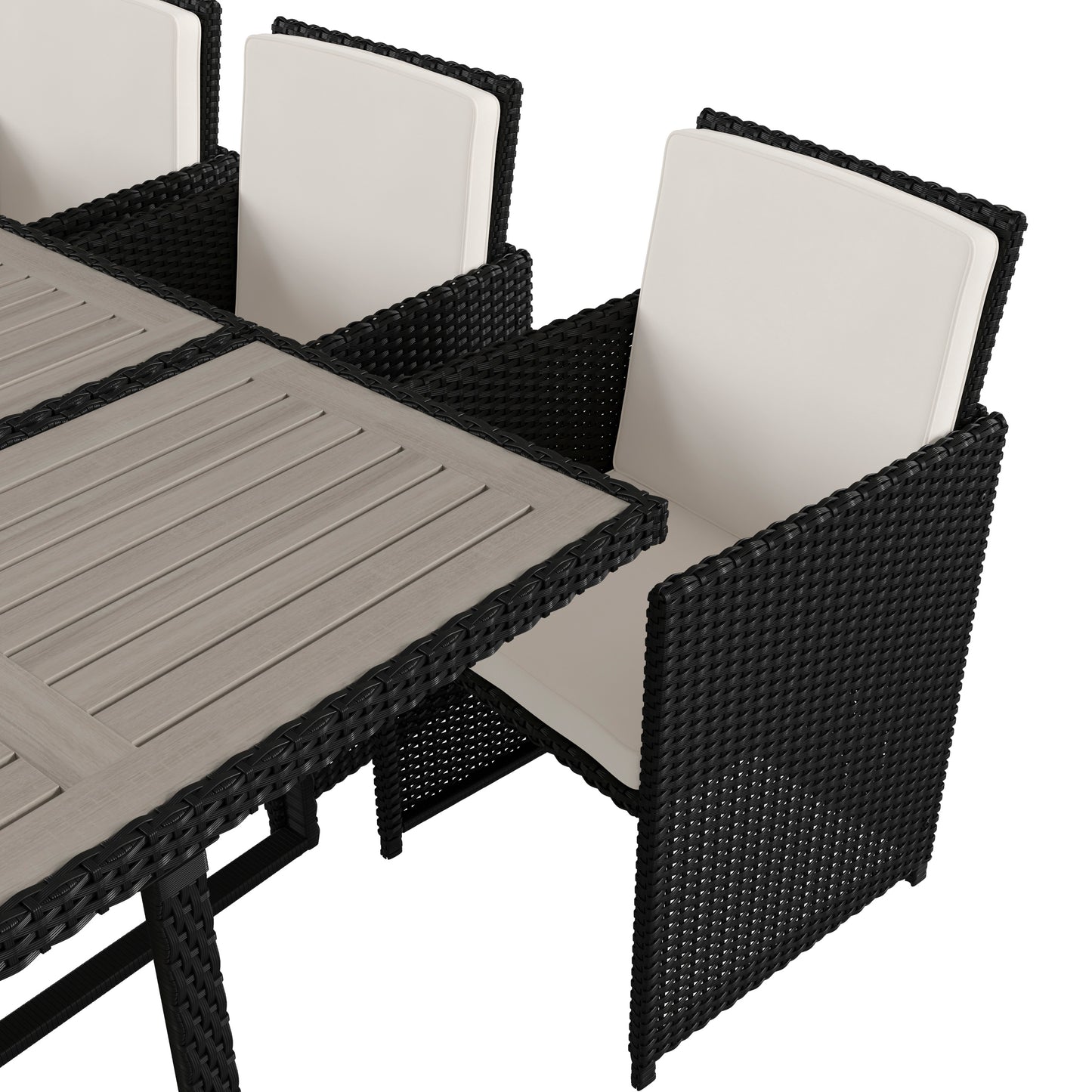 Peregrine 7 Piece Outdoor Patio Dining Set, Space Saving Black Wicker Modular Chairs-Cream Cushions & Gray Acacia Wood Table Top Gray Top/Black Frame