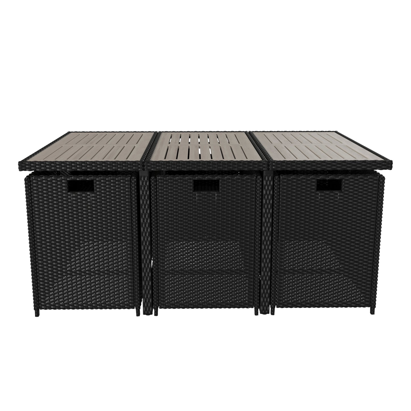 Peregrine 7 Piece Outdoor Patio Dining Set, Space Saving Black Wicker Modular Chairs-Cream Cushions & Gray Acacia Wood Table Top Gray Top/Black Frame