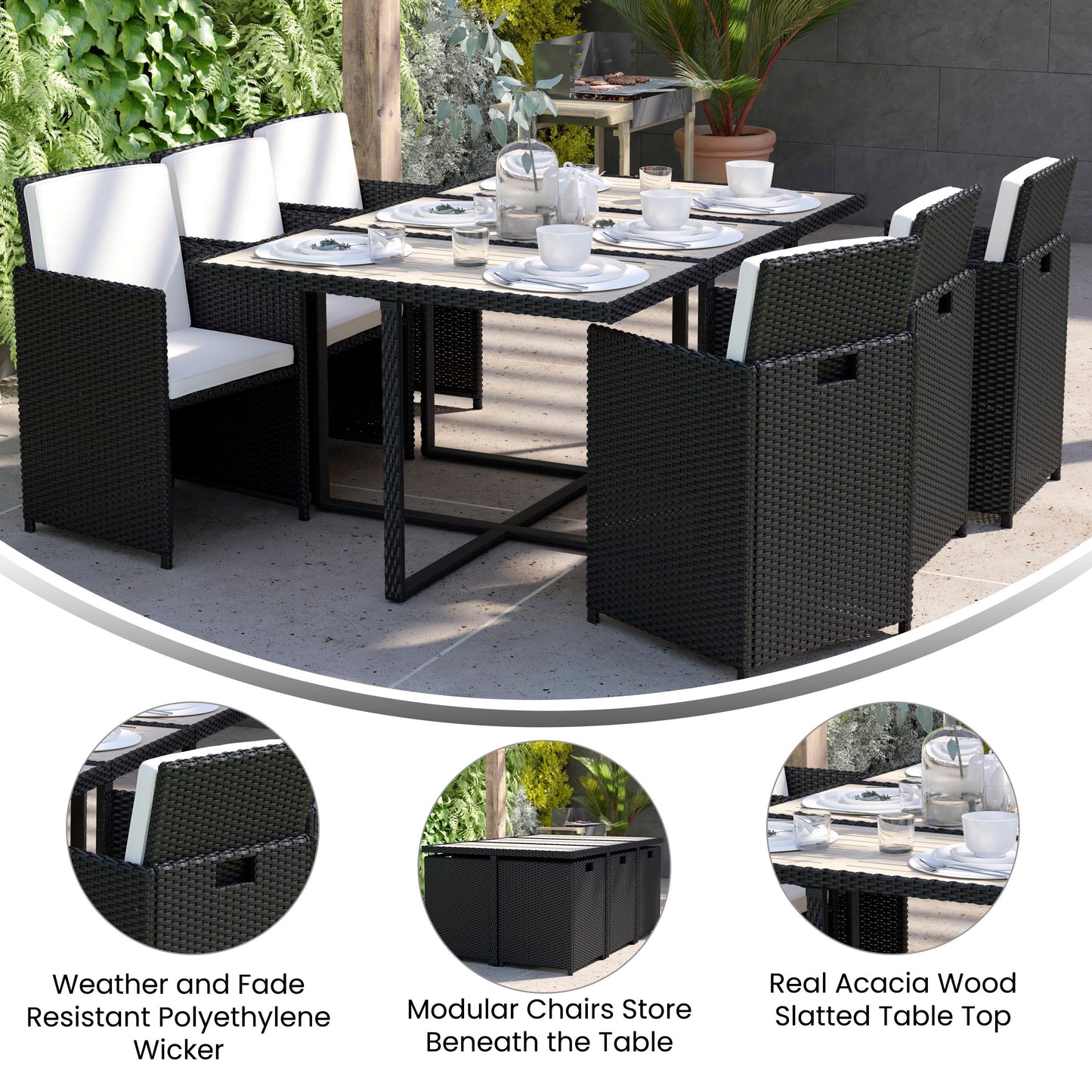 Peregrine 7 Piece Outdoor Patio Dining Set, Space Saving Black Wicker Modular Chairs-Cream Cushions & Gray Acacia Wood Table Top Gray Top/Black Frame