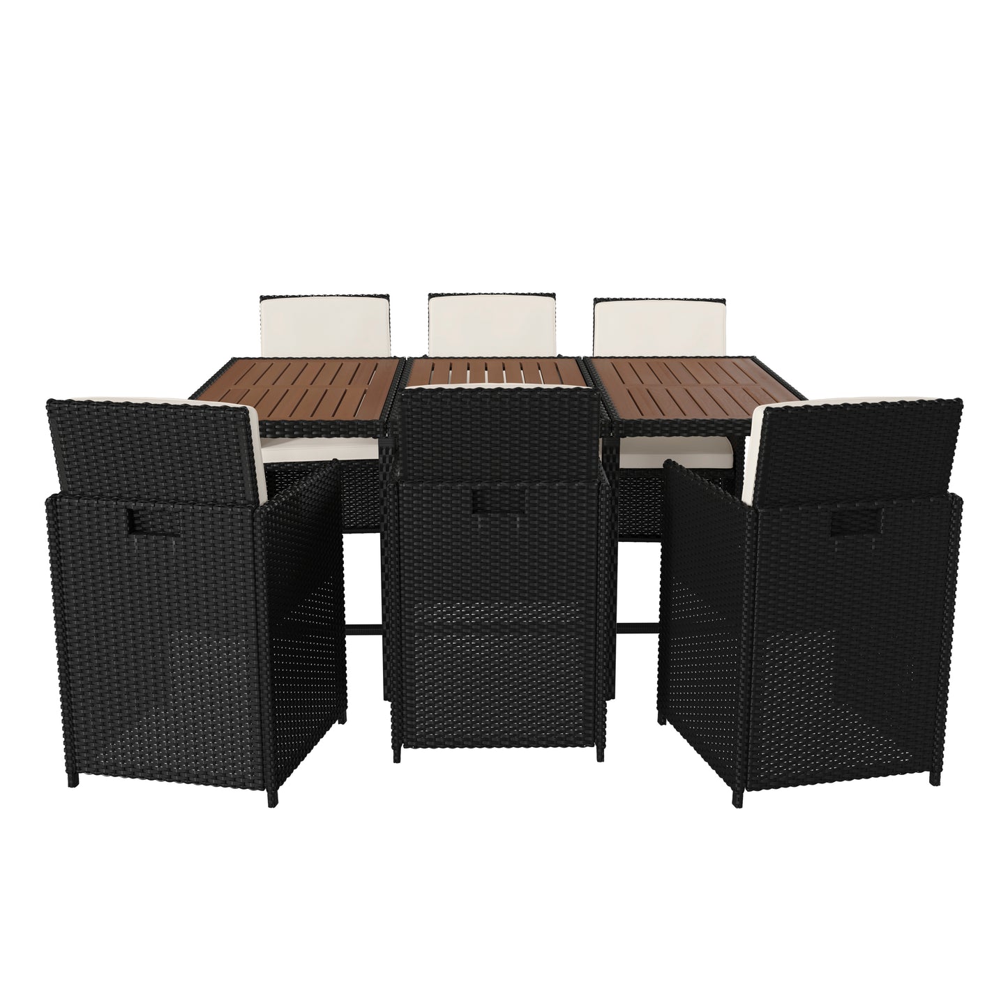 Peregrine 7 Piece Outdoor Patio Dining Set, Space Saving Black Wicker Modular Chairs-Cream Cushions & Natural Acacia Wood Table Top Natural Top/Black Frame