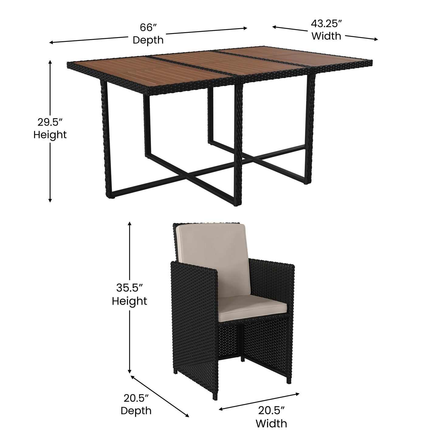 Peregrine 7 Piece Outdoor Patio Dining Set, Space Saving Black Wicker Modular Chairs-Cream Cushions & Natural Acacia Wood Table Top Natural Top/Black Frame
