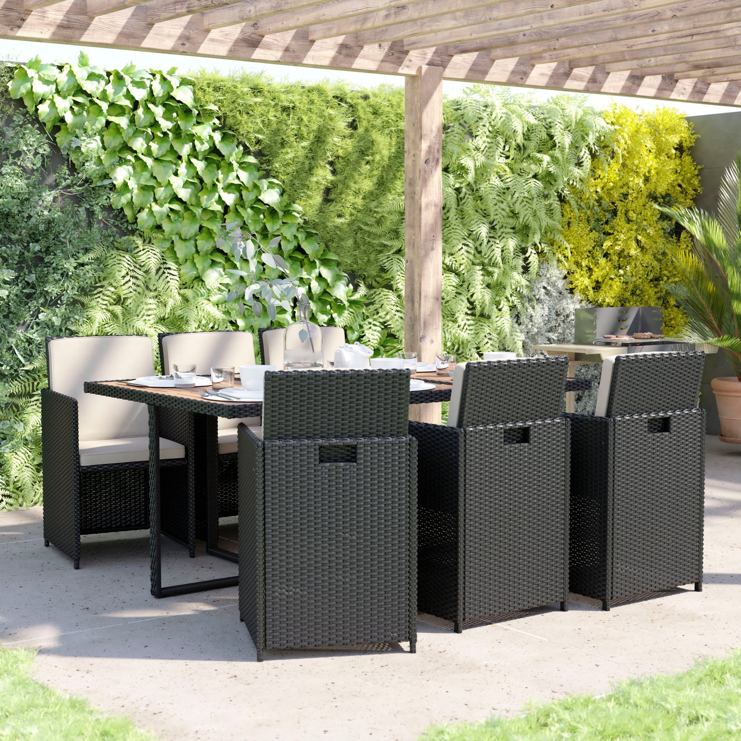 Peregrine 7 Piece Outdoor Patio Dining Set, Space Saving Black Wicker Modular Chairs-Cream Cushions & Natural Acacia Wood Table Top Natural Top/Black Frame