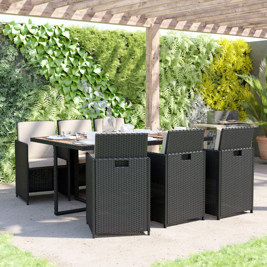 Peregrine 7 Piece Outdoor Patio Dining Set, Space Saving Black Wicker Modular Chairs-Cream Cushions & Natural Acacia Wood Table Top Natural Top/Black Frame TW-3WBE00-NAT-GG