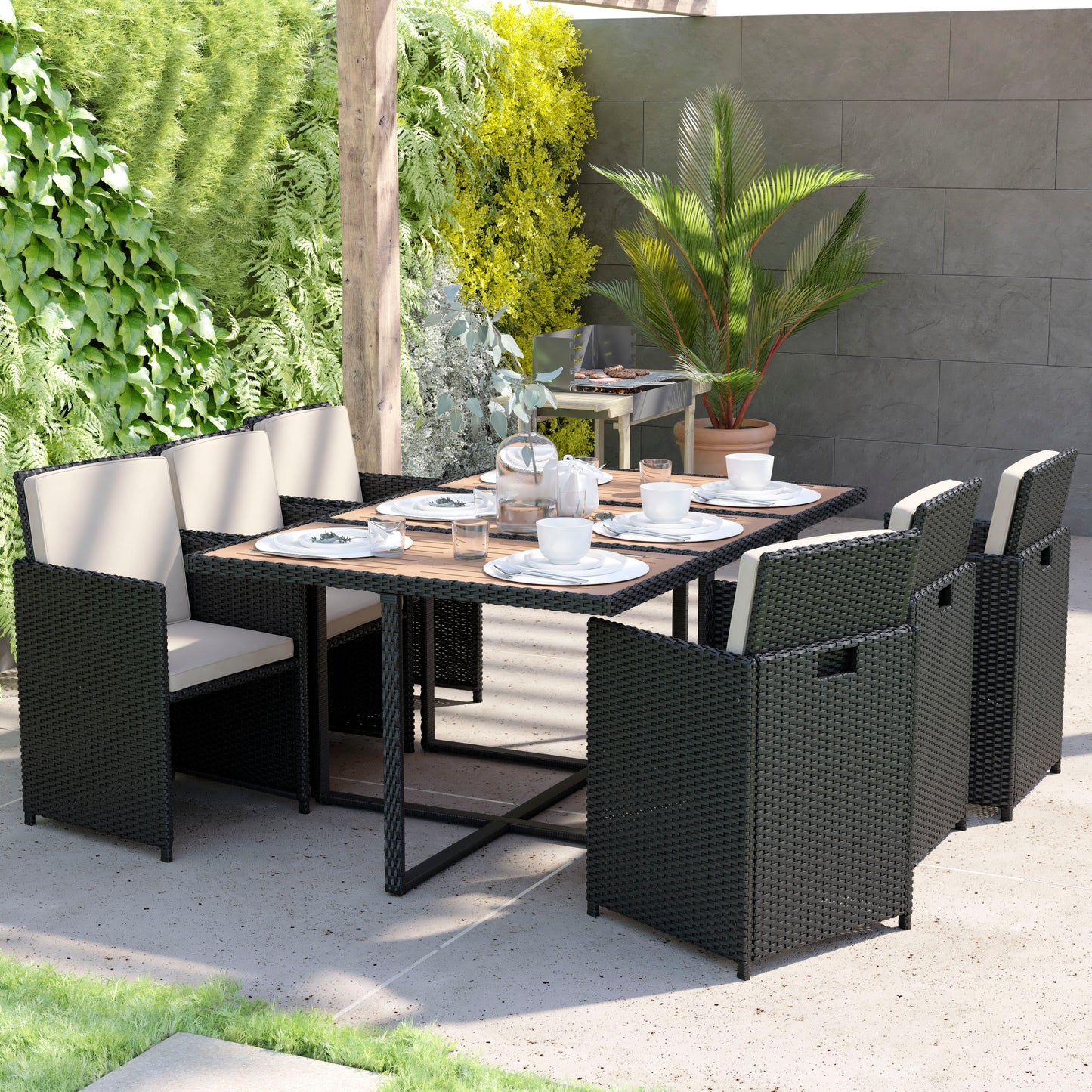 Peregrine 7 Piece Outdoor Patio Dining Set, Space Saving Black Wicker Modular Chairs-Cream Cushions & Natural Acacia Wood Table Top Natural Top/Black Frame
