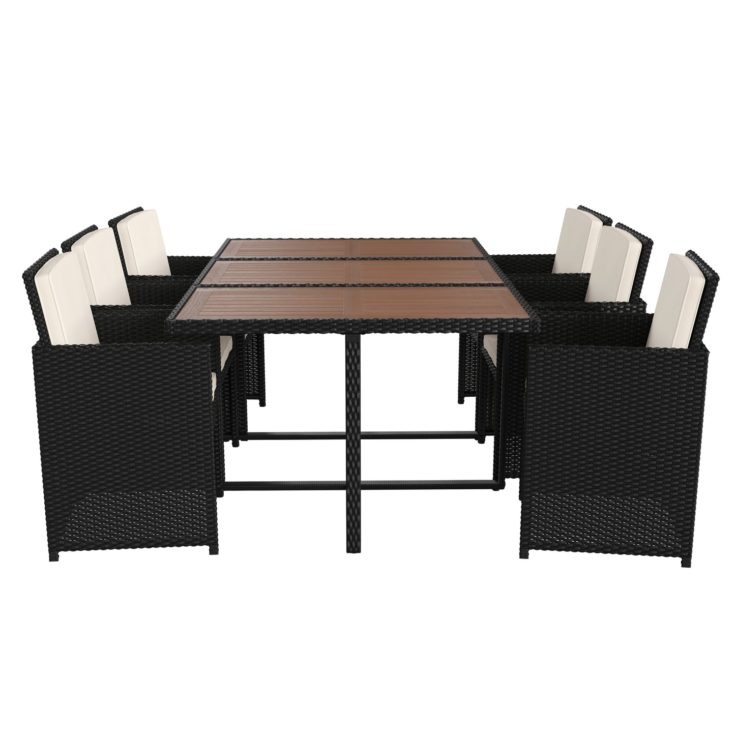 Peregrine 7 Piece Outdoor Patio Dining Set, Space Saving Black Wicker Modular Chairs-Cream Cushions & Natural Acacia Wood Table Top Natural Top/Black Frame