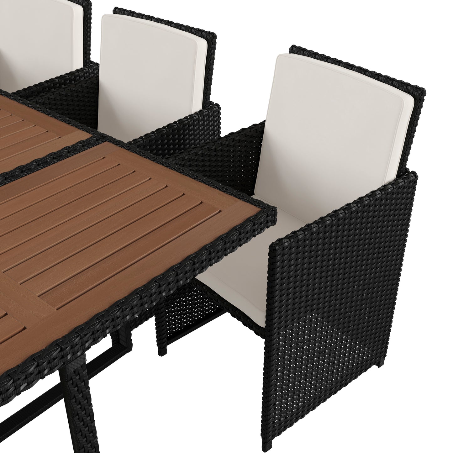 Peregrine 7 Piece Outdoor Patio Dining Set, Space Saving Black Wicker Modular Chairs-Cream Cushions & Natural Acacia Wood Table Top Natural Top/Black Frame