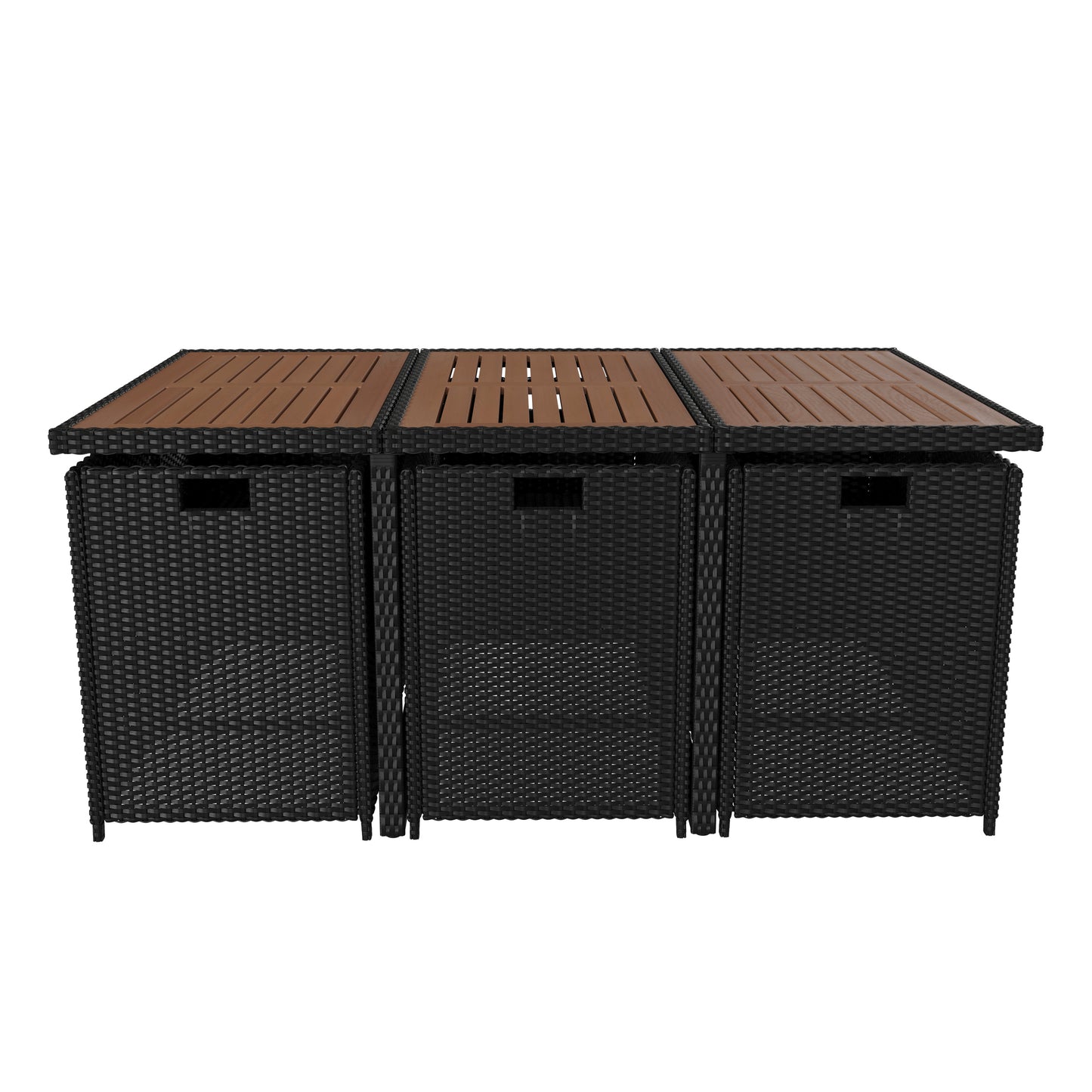 Peregrine 7 Piece Outdoor Patio Dining Set, Space Saving Black Wicker Modular Chairs-Cream Cushions & Natural Acacia Wood Table Top Natural Top/Black Frame