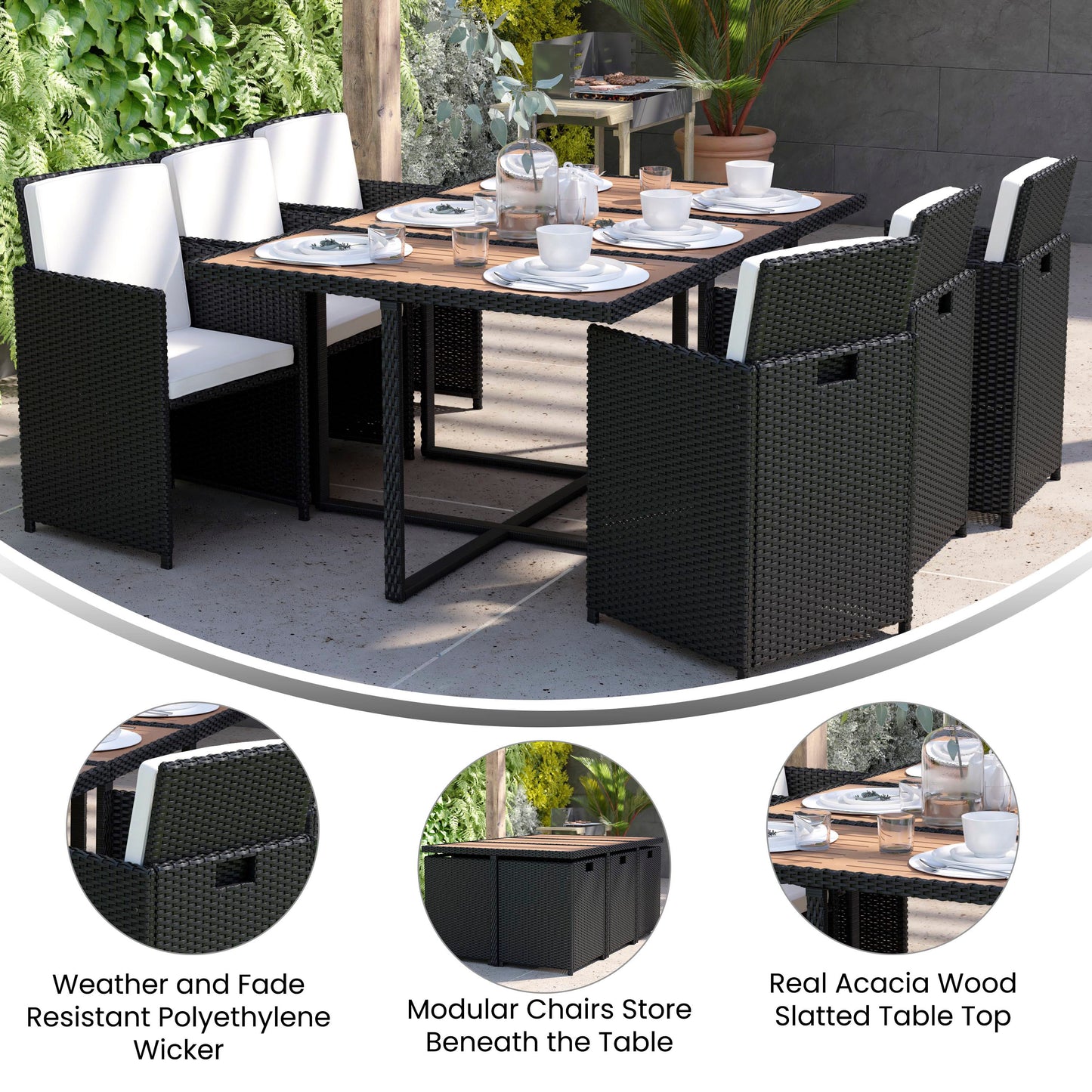 Peregrine 7 Piece Outdoor Patio Dining Set, Space Saving Black Wicker Modular Chairs-Cream Cushions & Natural Acacia Wood Table Top Natural Top/Black Frame