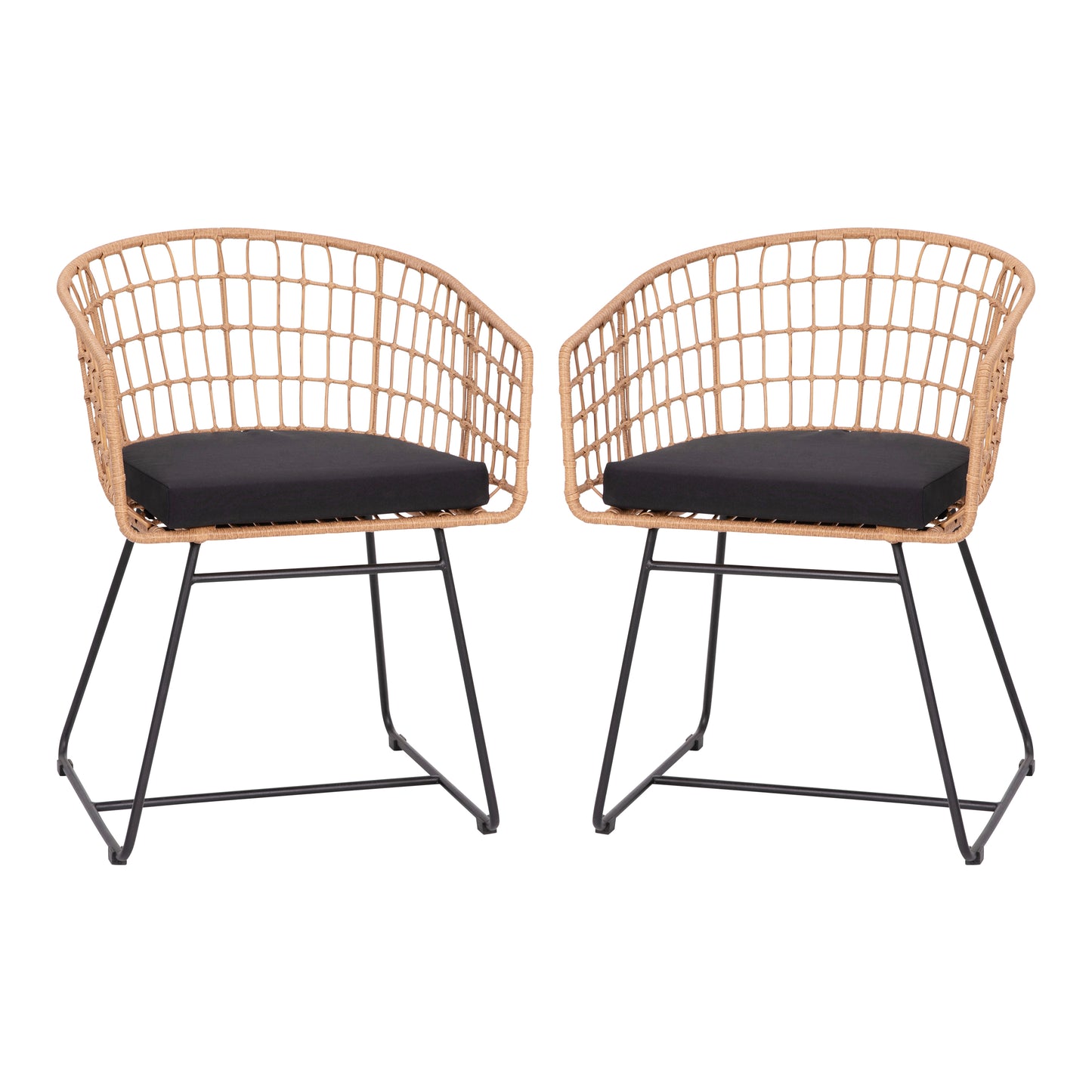 Devon Set of 2 Indoor/Outdoor Patio Boho Club Chairs, Rope with Natural PE Wicker Rattan, Black Cushions and Sled Base Black Cushion/Natural Frame