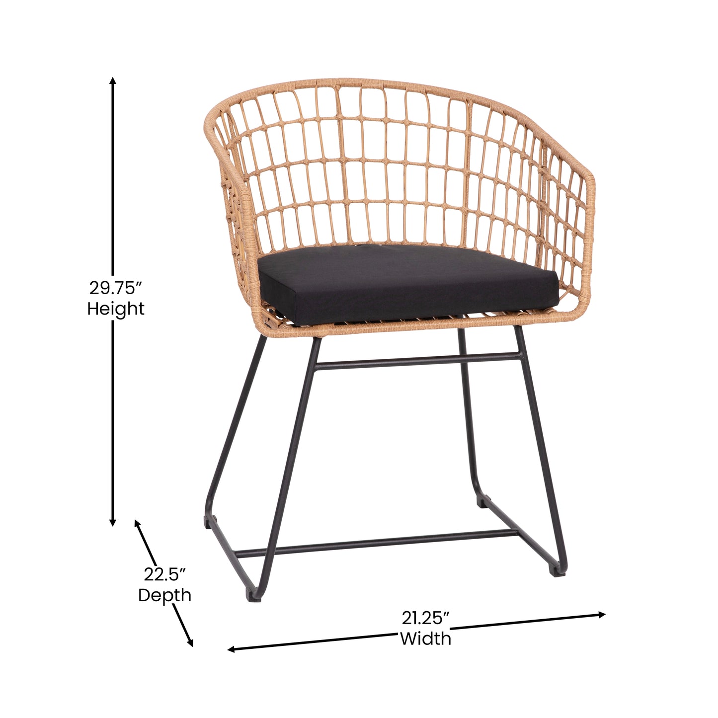 Devon Set of 2 Indoor/Outdoor Patio Boho Club Chairs, Rope with Natural PE Wicker Rattan, Black Cushions and Sled Base Black Cushion/Natural Frame