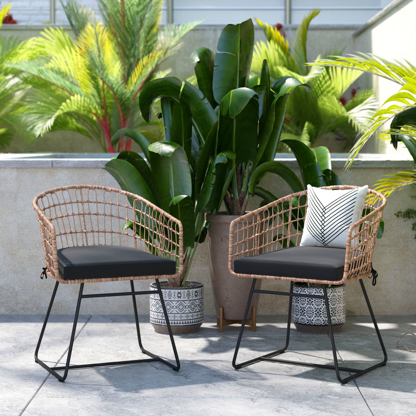 Devon Set of 2 Indoor/Outdoor Patio Boho Club Chairs, Rope with Natural PE Wicker Rattan, Black Cushions and Sled Base Black Cushion/Natural Frame