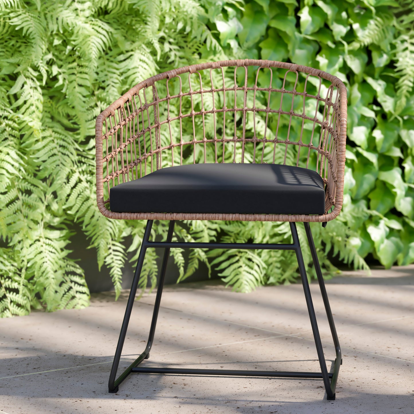 Devon Set of 2 Indoor/Outdoor Patio Boho Club Chairs, Rope with Natural PE Wicker Rattan, Black Cushions and Sled Base Black Cushion/Natural Frame