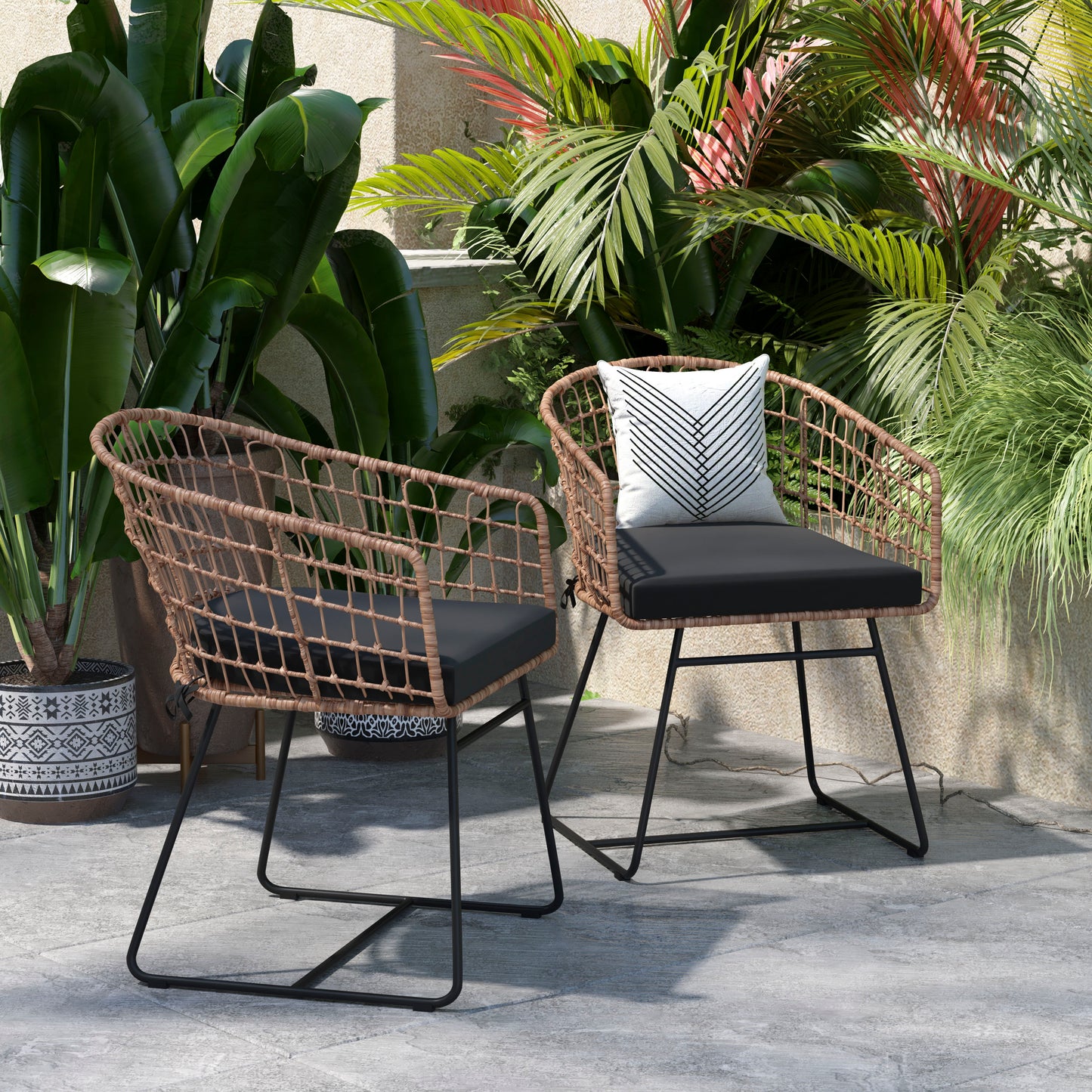 Devon Set of 2 Indoor/Outdoor Patio Boho Club Chairs, Rope with Natural PE Wicker Rattan, Black Cushions and Sled Base Black Cushion/Natural Frame