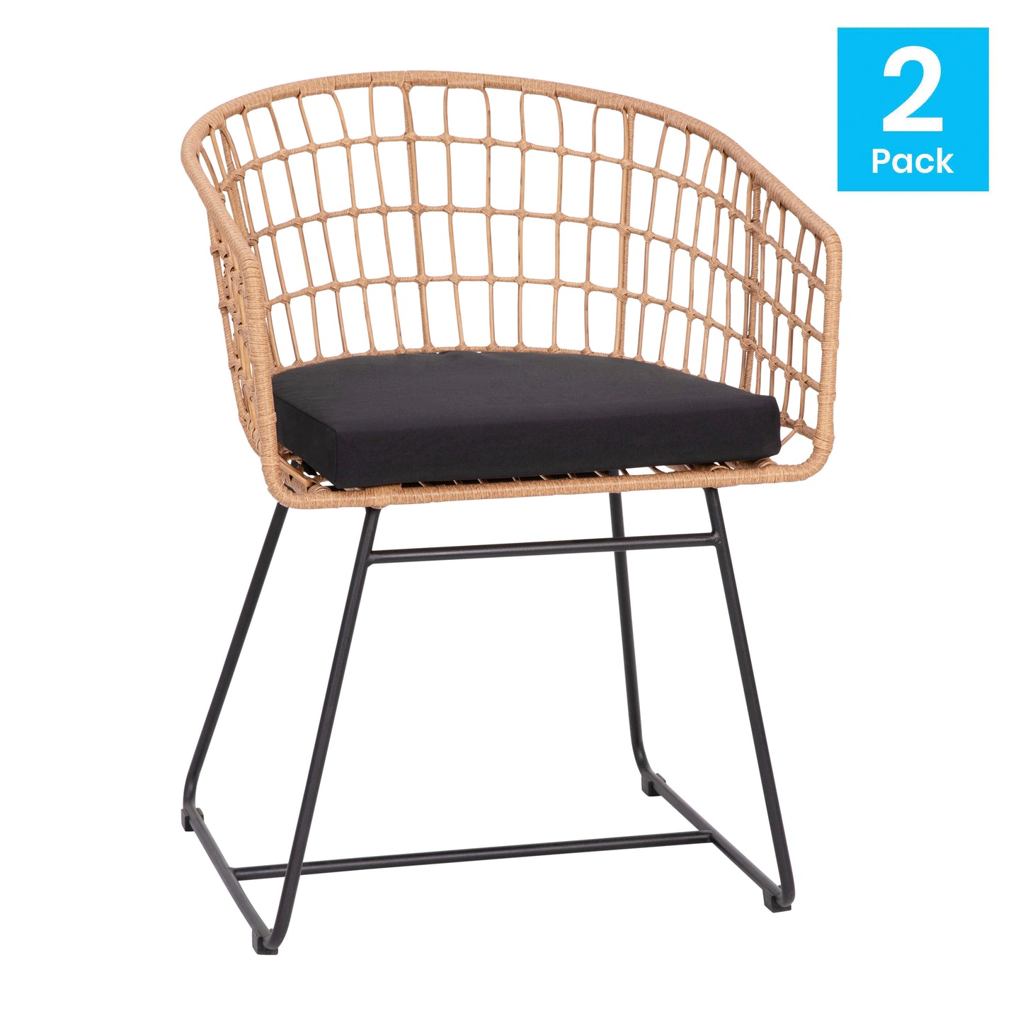 Devon Set of 2 Indoor/Outdoor Patio Boho Club Chairs, Rope with Natural PE Wicker Rattan, Black Cushions and Sled Base Black Cushion/Natural Frame