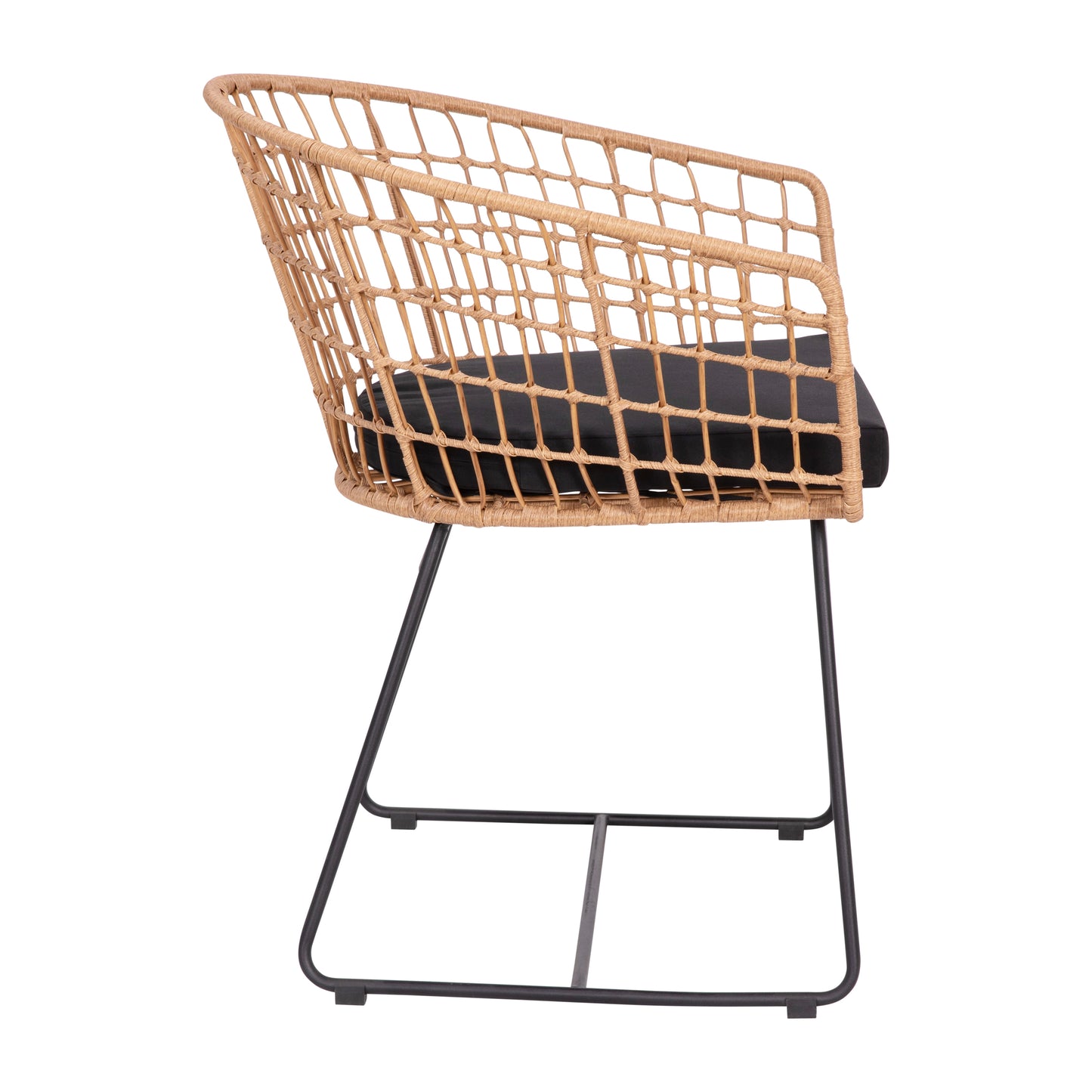 Devon Set of 2 Indoor/Outdoor Patio Boho Club Chairs, Rope with Natural PE Wicker Rattan, Black Cushions and Sled Base Black Cushion/Natural Frame