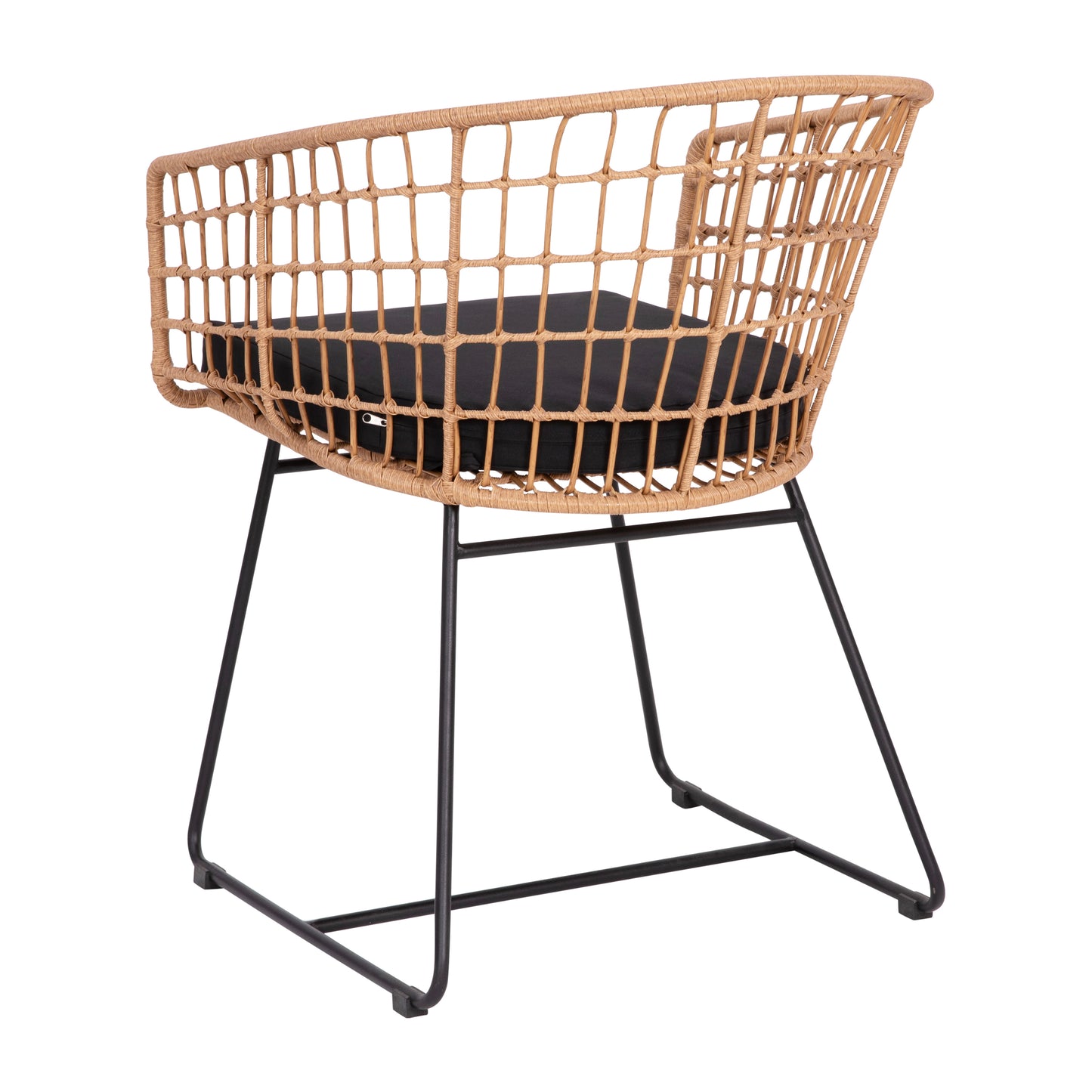Devon Set of 2 Indoor/Outdoor Patio Boho Club Chairs, Rope with Natural PE Wicker Rattan, Black Cushions and Sled Base Black Cushion/Natural Frame