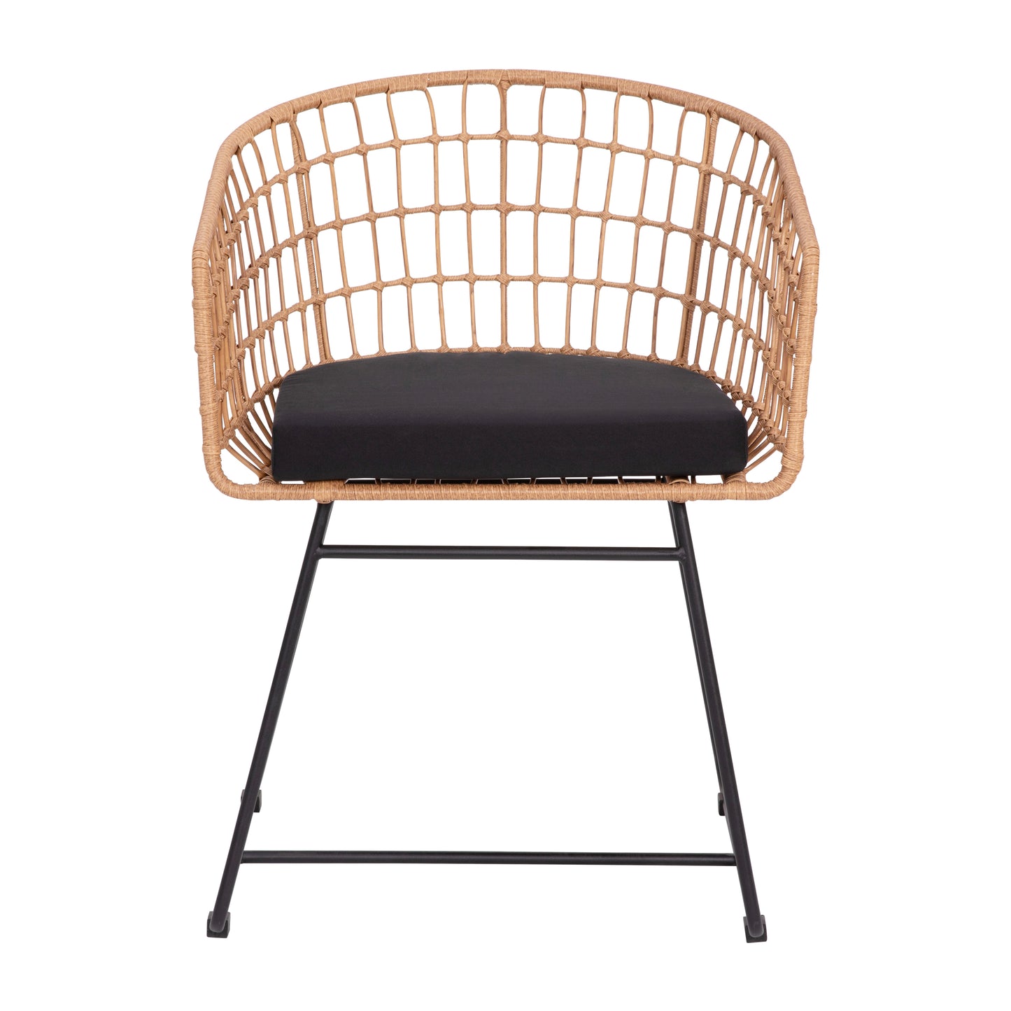 Devon Set of 2 Indoor/Outdoor Patio Boho Club Chairs, Rope with Natural PE Wicker Rattan, Black Cushions and Sled Base Black Cushion/Natural Frame