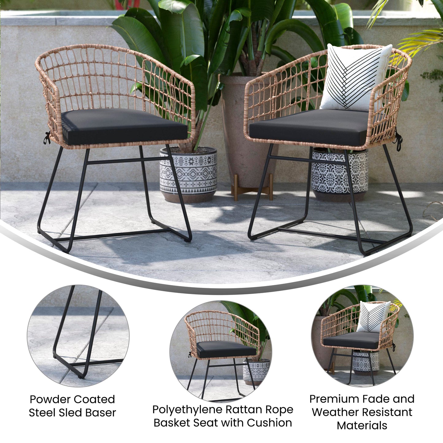 Devon Set of 2 Indoor/Outdoor Patio Boho Club Chairs, Rope with Natural PE Wicker Rattan, Black Cushions and Sled Base Black Cushion/Natural Frame