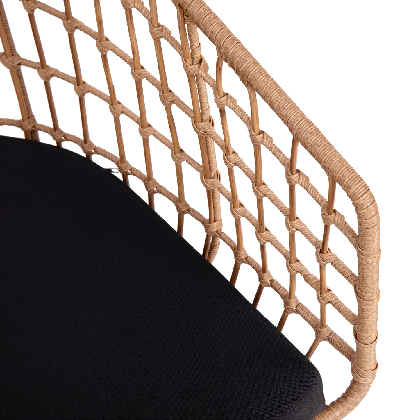 Devon Set of 2 Indoor/Outdoor Patio Boho Club Chairs, Rope with Natural PE Wicker Rattan, Black Cushions and Sled Base Black Cushion/Natural Frame
