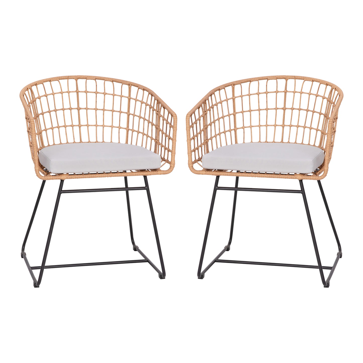 Devon Set of 2 Indoor/Outdoor Patio Boho Club Chairs, Rope with Natural PE Wicker Rattan, Light Gray Cushions and Sled Base Light Gray Cushion/Natural Frame