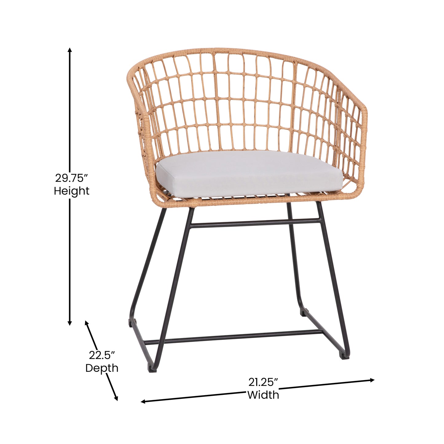 Devon Set of 2 Indoor/Outdoor Patio Boho Club Chairs, Rope with Natural PE Wicker Rattan, Light Gray Cushions and Sled Base Light Gray Cushion/Natural Frame