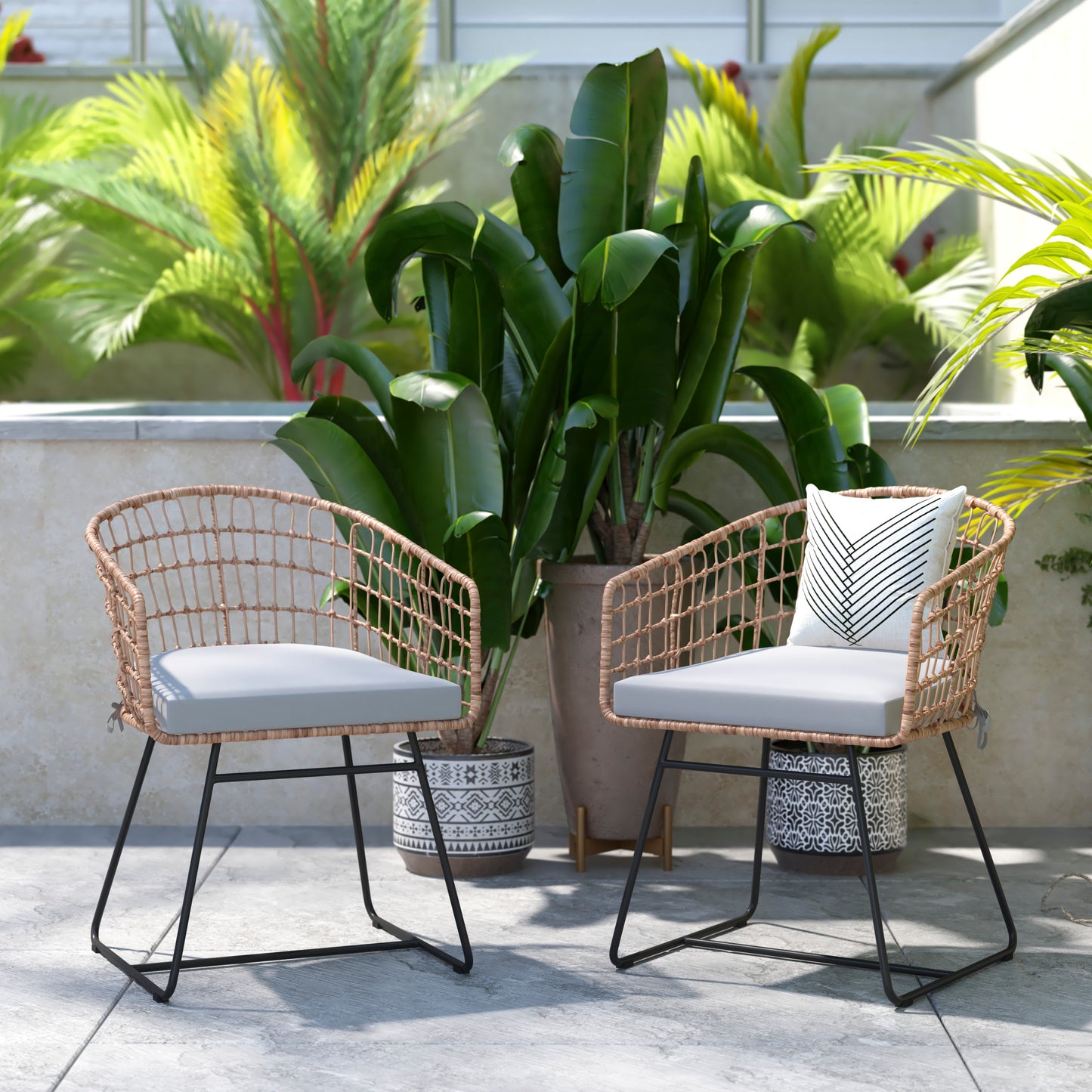 Devon Set of 2 Indoor/Outdoor Patio Boho Club Chairs, Rope with Natural PE Wicker Rattan, Light Gray Cushions and Sled Base Light Gray Cushion/Natural Frame