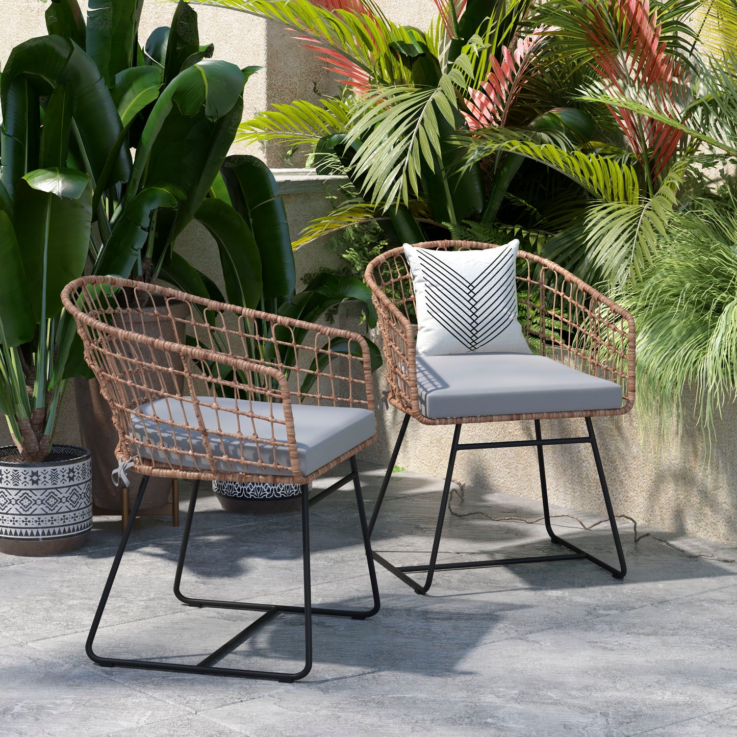 Devon Set of 2 Indoor/Outdoor Patio Boho Club Chairs, Rope with Natural PE Wicker Rattan, Light Gray Cushions and Sled Base Light Gray Cushion/Natural Frame