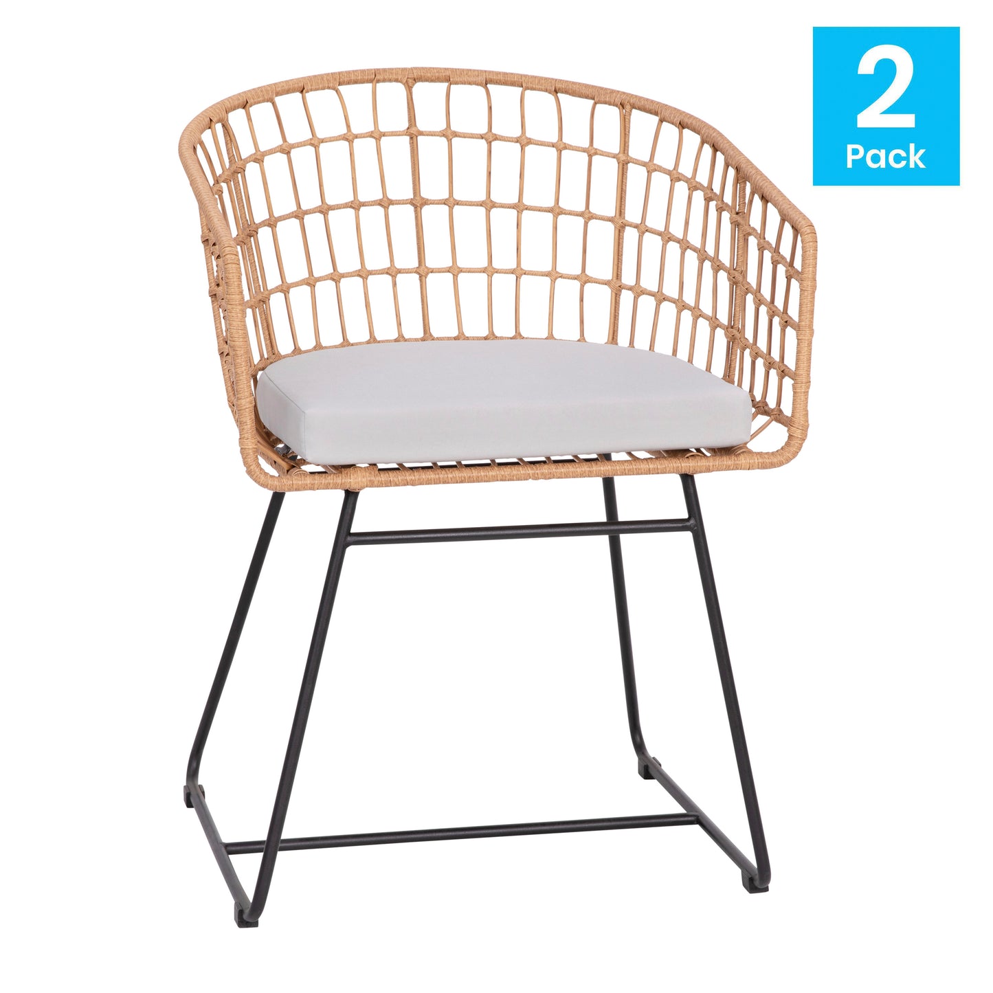 Devon Set of 2 Indoor/Outdoor Patio Boho Club Chairs, Rope with Natural PE Wicker Rattan, Light Gray Cushions and Sled Base Light Gray Cushion/Natural Frame
