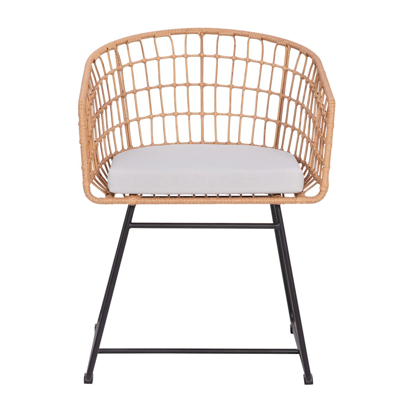Devon Set of 2 Indoor/Outdoor Patio Boho Club Chairs, Rope with Natural PE Wicker Rattan, Light Gray Cushions and Sled Base Light Gray Cushion/Natural Frame