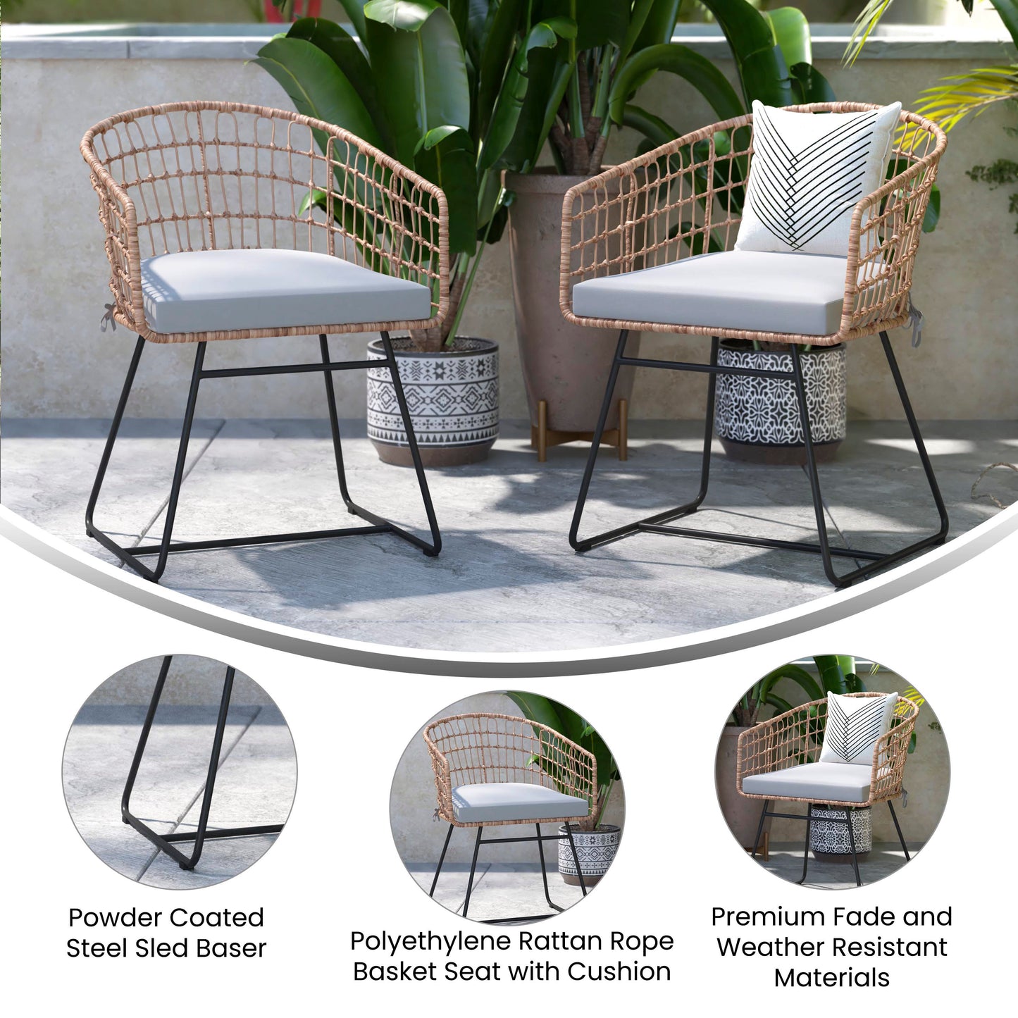 Devon Set of 2 Indoor/Outdoor Patio Boho Club Chairs, Rope with Natural PE Wicker Rattan, Light Gray Cushions and Sled Base Light Gray Cushion/Natural Frame