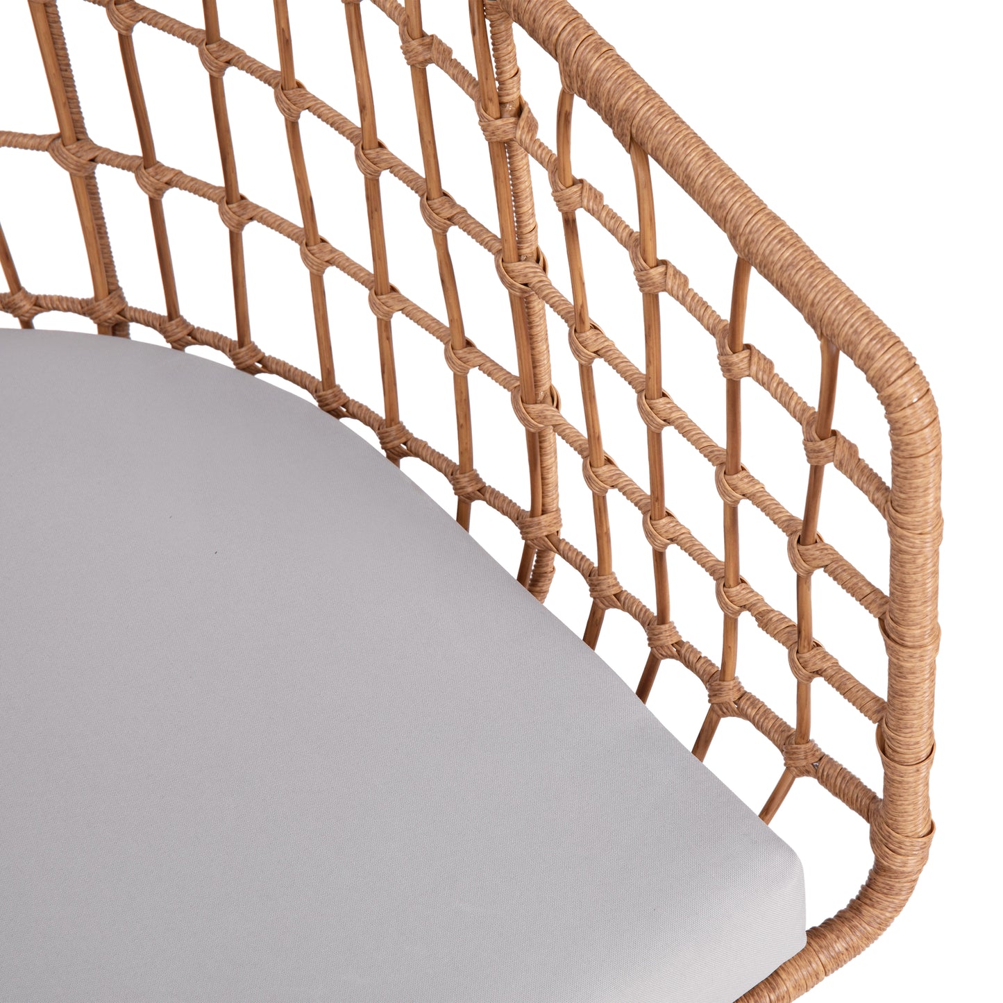 Devon Set of 2 Indoor/Outdoor Patio Boho Club Chairs, Rope with Natural PE Wicker Rattan, Light Gray Cushions and Sled Base Light Gray Cushion/Natural Frame