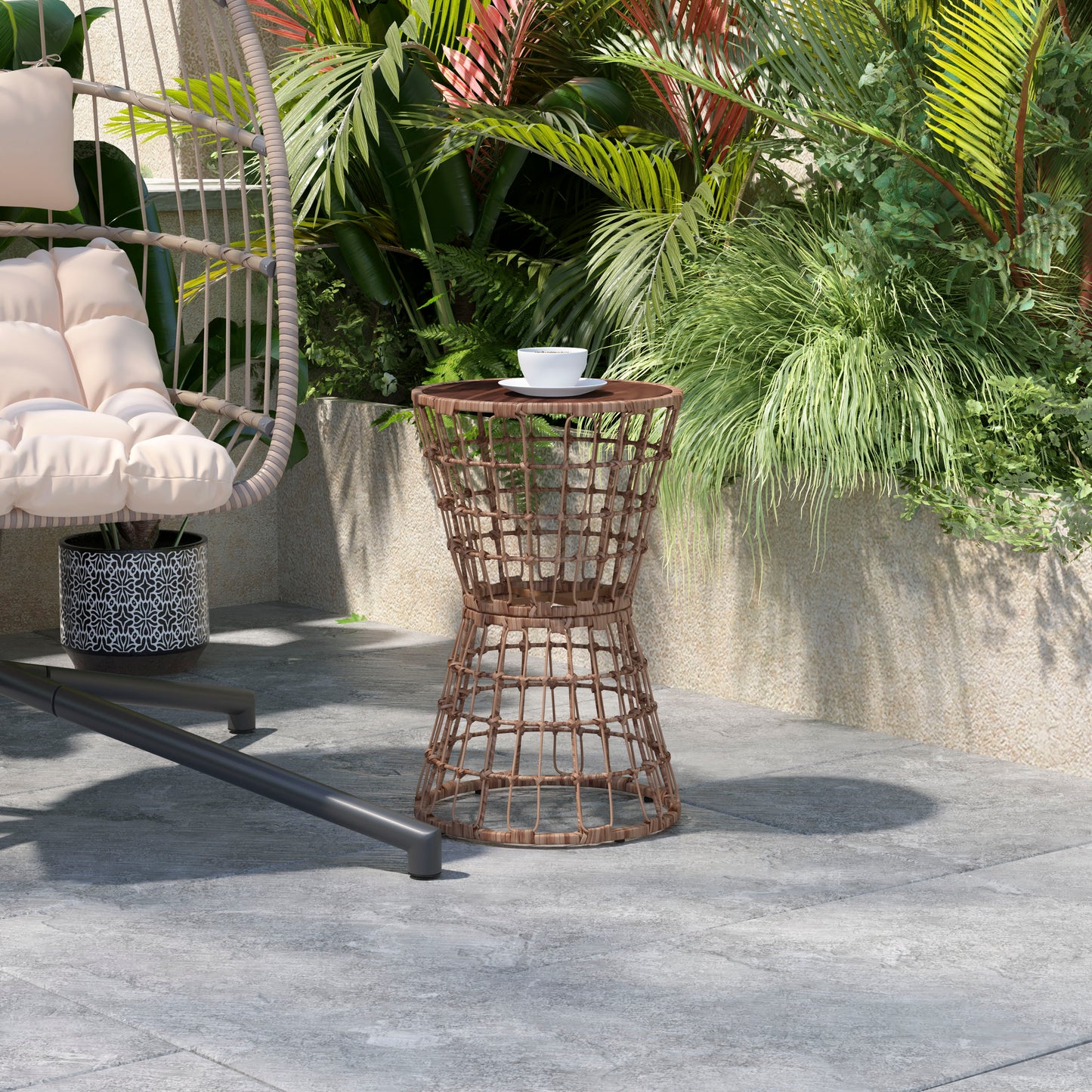 Devon Indoor/Outdoor Natural Finish Rattan Rope Table with Acacia Wood Top, Fade and Weather Resistant Natural