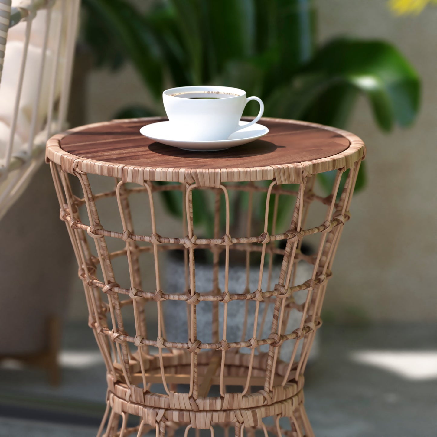 Devon Indoor/Outdoor Natural Finish Rattan Rope Table with Acacia Wood Top, Fade and Weather Resistant Natural