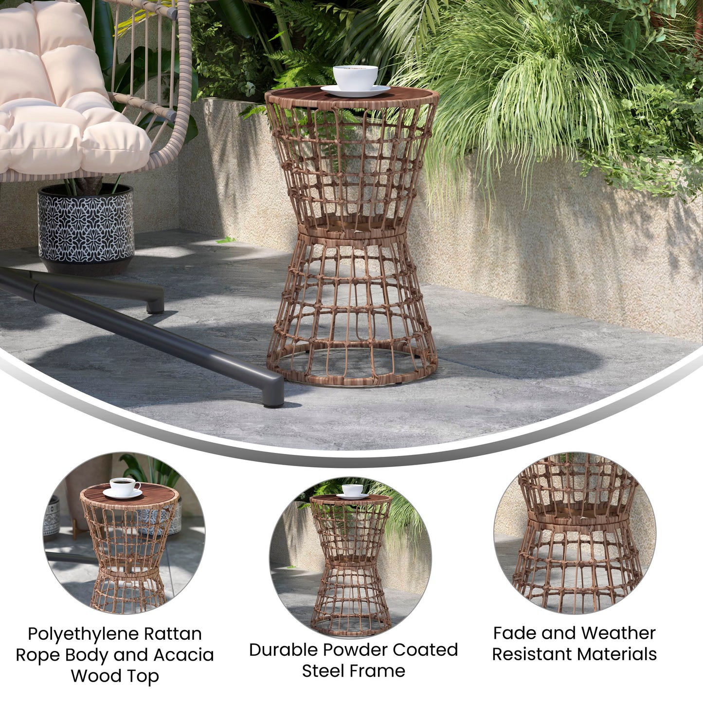 Devon Indoor/Outdoor Natural Finish Rattan Rope Table with Acacia Wood Top, Fade and Weather Resistant Natural