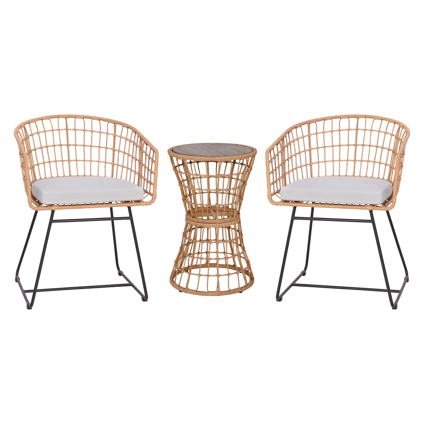 Devon 3-Piece Natural Patio Bistro Set, Indoor/Outdoor Rattan Rope Chairs, Acacia Wood Top Table & Light Gray Seat Cushions Light Gray Cushions/Natural Frame