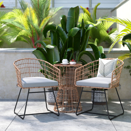 Devon 3-Piece Natural Patio Bistro Set, Indoor/Outdoor Rattan Rope Chairs, Acacia Wood Top Table & Light Gray Seat Cushions Light Gray Cushions/Natural Frame